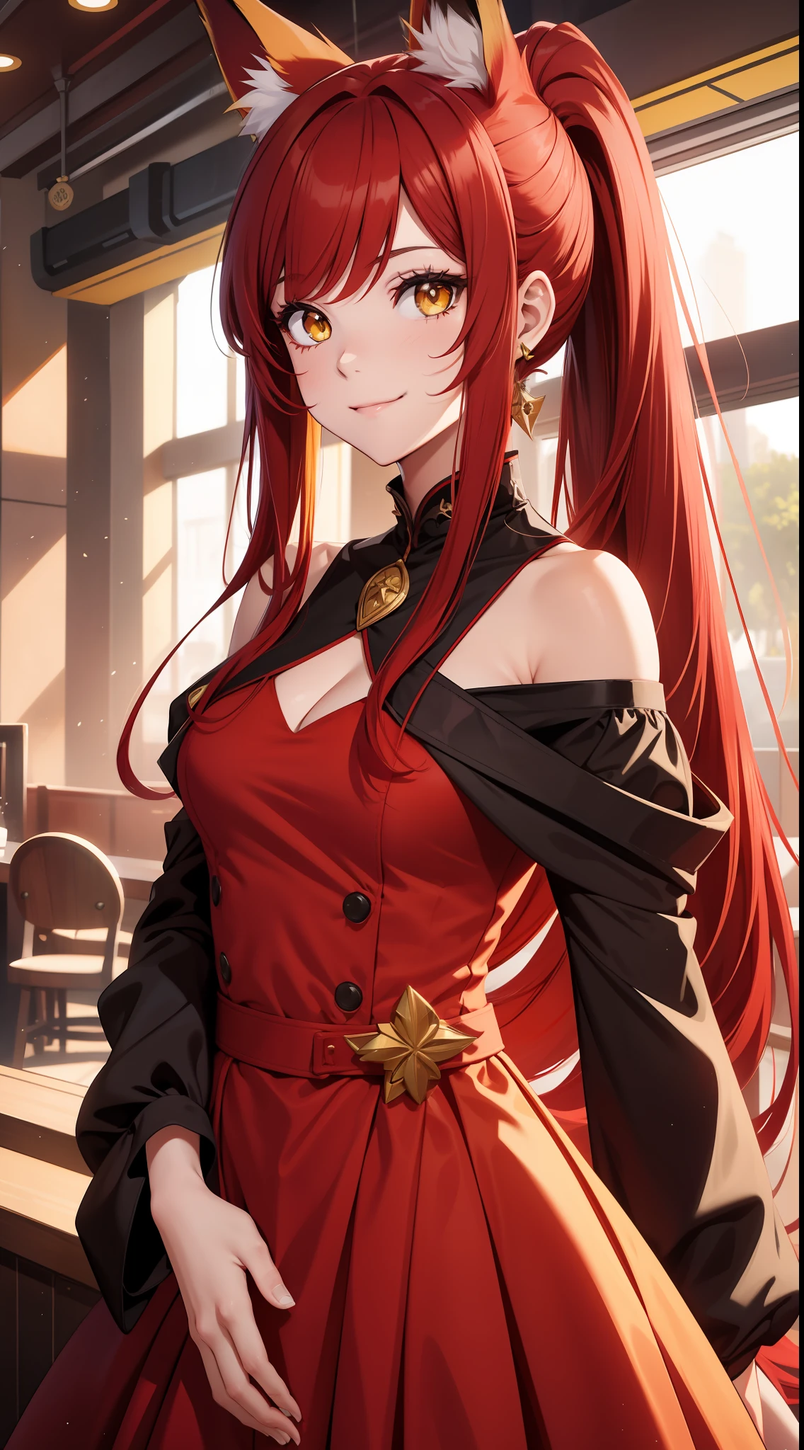 Adult girl, long red hair, high ponytail, yellow eyes, fox ears, red rich dress, open shoulders, smile, masterpiece, high quality