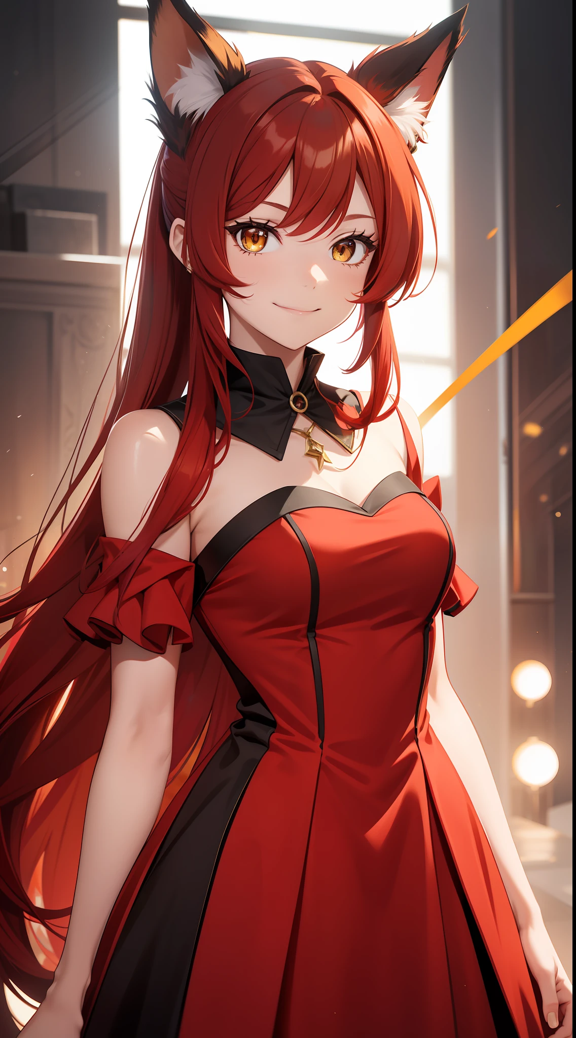 Adult girl, long red hair, high ponytail, yellow eyes, fox ears, red rich dress, open shoulders, smile, masterpiece, high quality