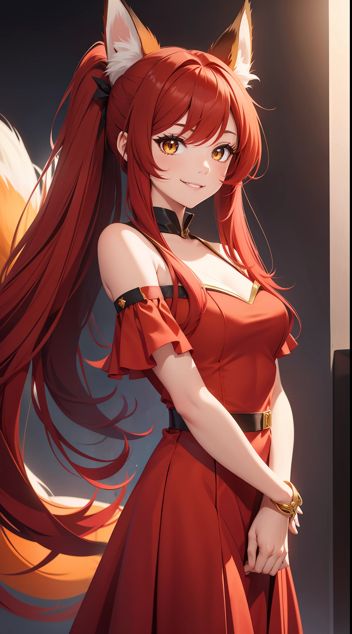 Adult girl, long red hair, high ponytail, yellow eyes, fox ears, red rich dress, open shoulders, smile, masterpiece, high quality