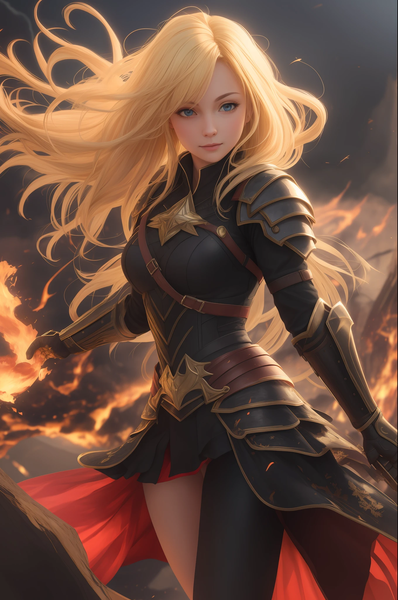 Anime girl with blonde hair, dark girl, black dress, armor on arms, sorceress, Fighting in a dark feminine place, Red magic, full body commission for anime, hyper realistic texture, realistic photo, ultra detailed, no drawing edges, feature would be, Flying in the middle of a red magic Pants glued photorealistic, dark 👀scenery, fighting using magic Red, Fighting in battle in a dark place, Fire around the Girl texture of ultra realistic clothes, Natural lighting, realistic lighting, no dark edges, detailed shadows, ultra realistic photo, absurd realistic, realism, no drawing edges, ultra absurd photorealistic, mega realistic hair, mega realistic clothes, absurdly realistic details, no deformities, no drawing edges, no drawing lines, 8K, 4K