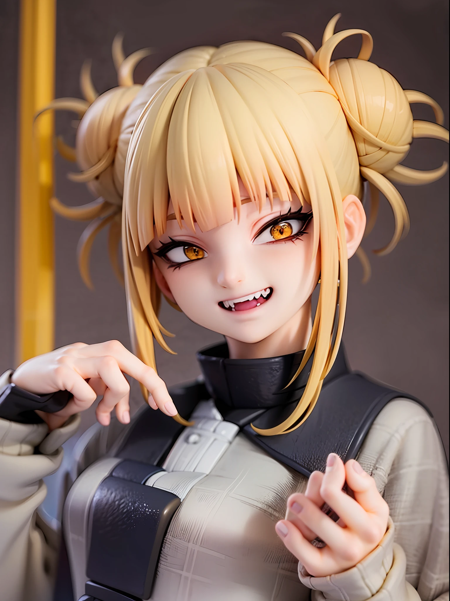 1girl,evil smile, himiko toga,blonde hair,yellow eyes,bored expressionhold a cutter,facing viewer,looking at viewer,good hand,good finger,masterpiece,extremely detailed