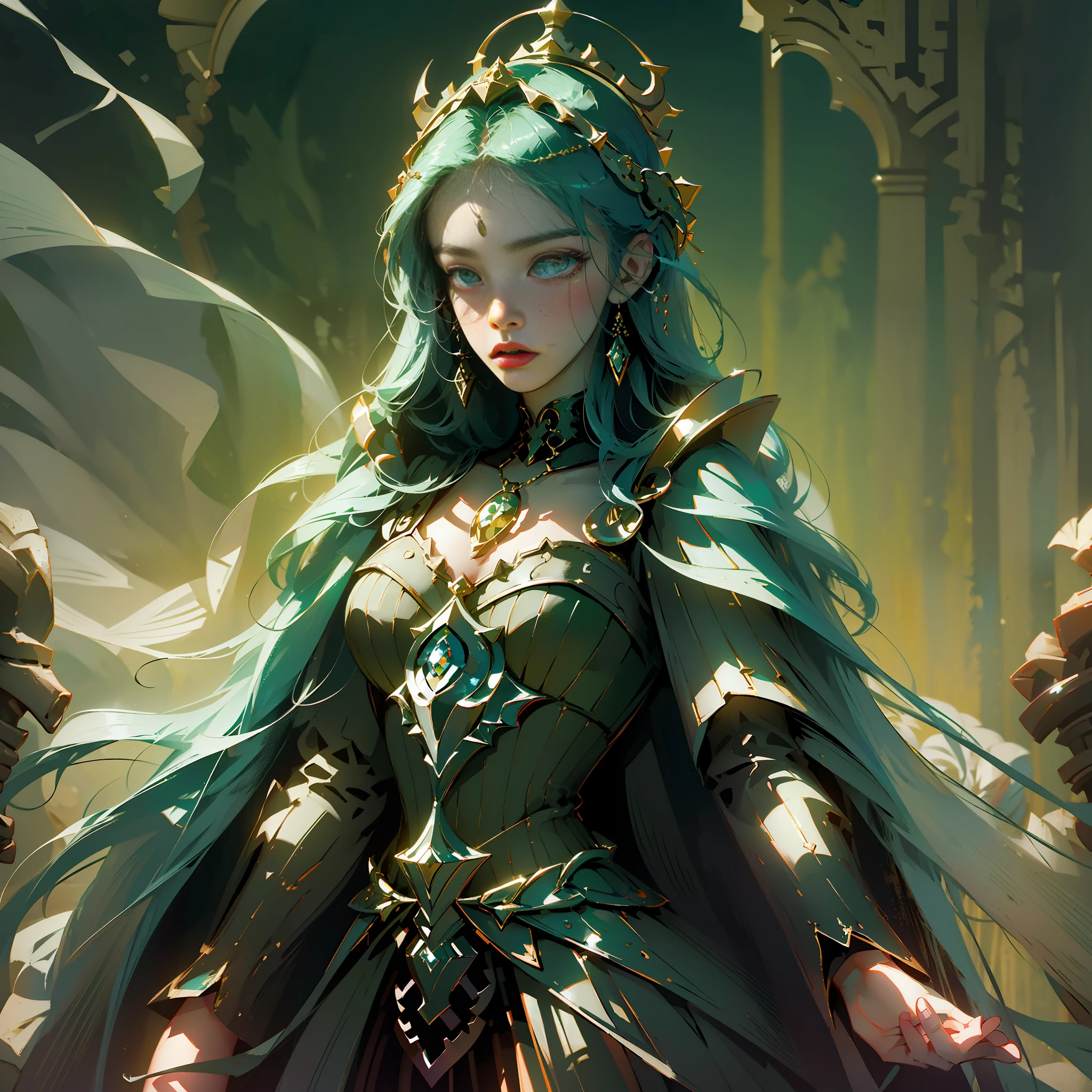 1 girl, empress, whole body visible, very detailed costume, (masterpiece, best quality, super detailed, best shadow), (detailed background, dark fantasy), (beautiful detailed face), high contrast, (best lighting, very delicate and beautiful), ((cinematic light)), colorful, hyper-detailed, dramatic light, intricate details