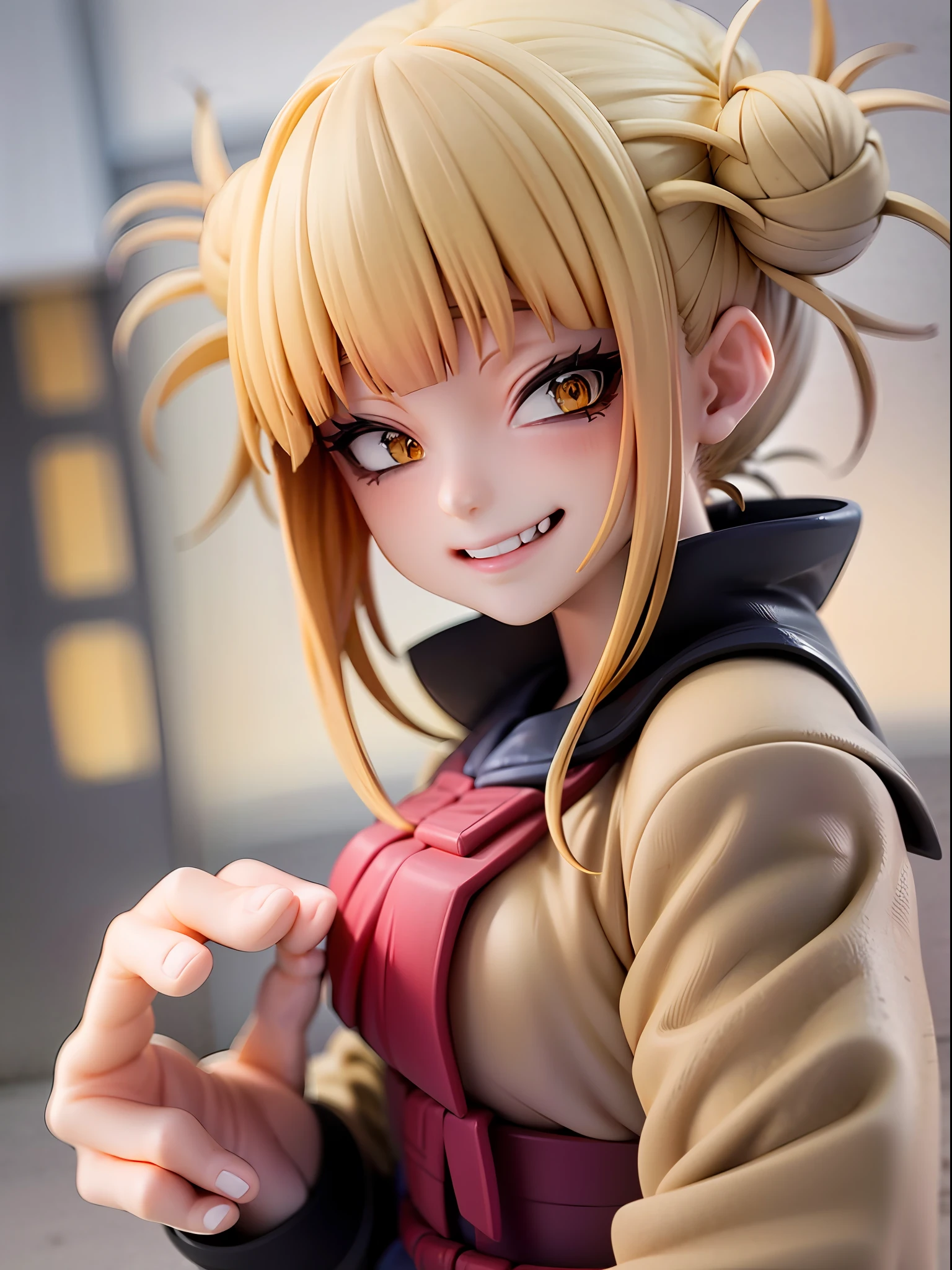 1girl,evil smile, himiko toga,blonde hair,yellow eyes,bored expressionhold a cutter,facing viewer,looking at viewer,good hand,good finger,masterpiece,extremely detailed
