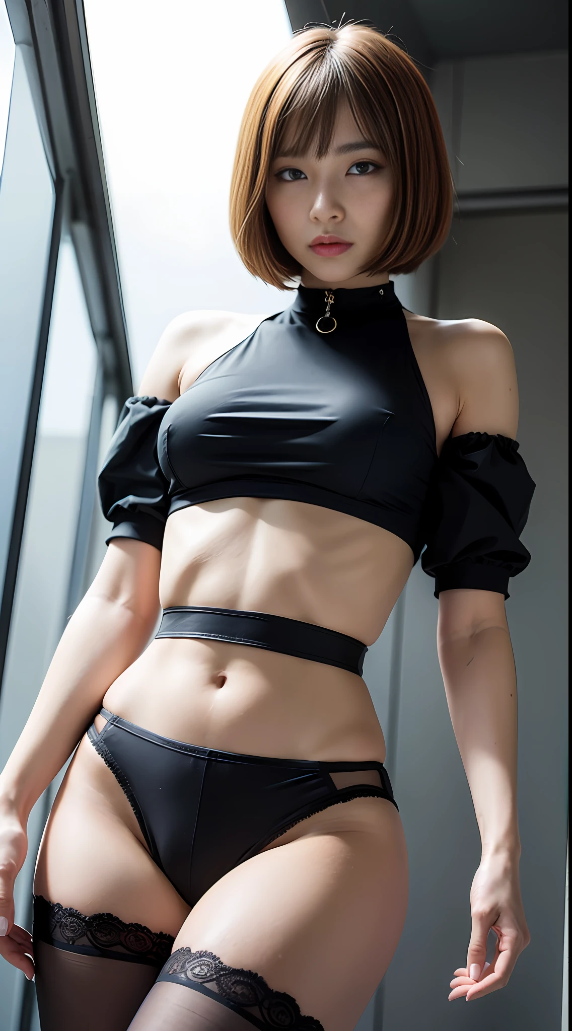 ((Top Quality, 8k, Masterpiece: 1.3)), Crisp Focus: 1.2, Beautiful Woman in Perfect Shape: 1.4, Slender Abs: 1.2, ((Bobcut, A-Cup: 1.2)), (Sunny, Street: 1.2), Wet Body: 1.5, Highly Detailed Face and Skin Texture, Detailed Eyes, Double Eyelids, Bob Cut Hair, Studio,BDSM,slave,Tight Shirt, high-waisted pencil skirt,collar,restrained,from below,disdain,red lace panties, legs wide open, camel claws