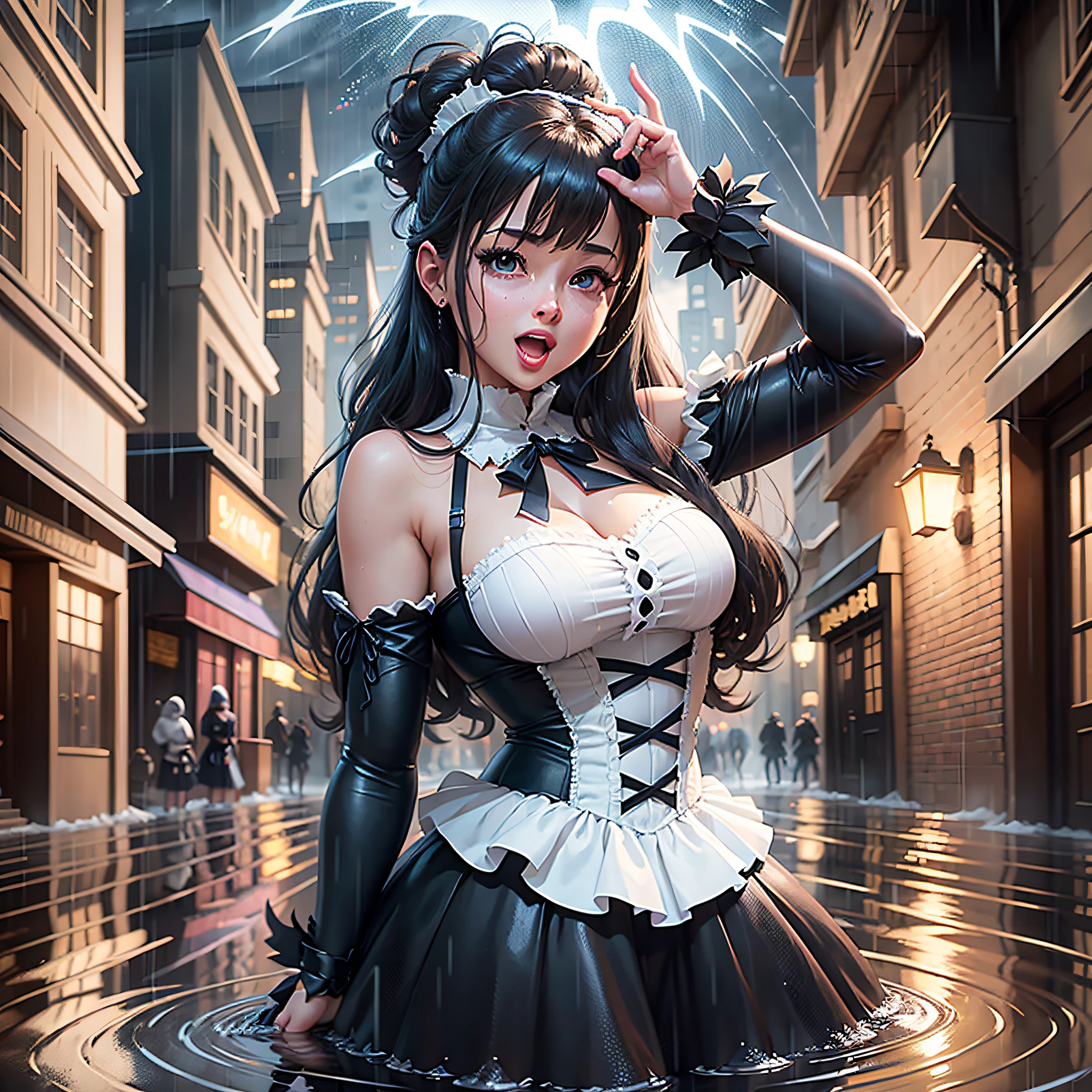 8k, best quality, best resolution, Unreal engine 5, Anime style, Body shot, 30 year old woman, as a maid in black costume with white skirt+Batman+Spiderman,BG: Dark alley with heavy rain and flooding, looking at the spectator, open mouth, macabre smile --auto --s2