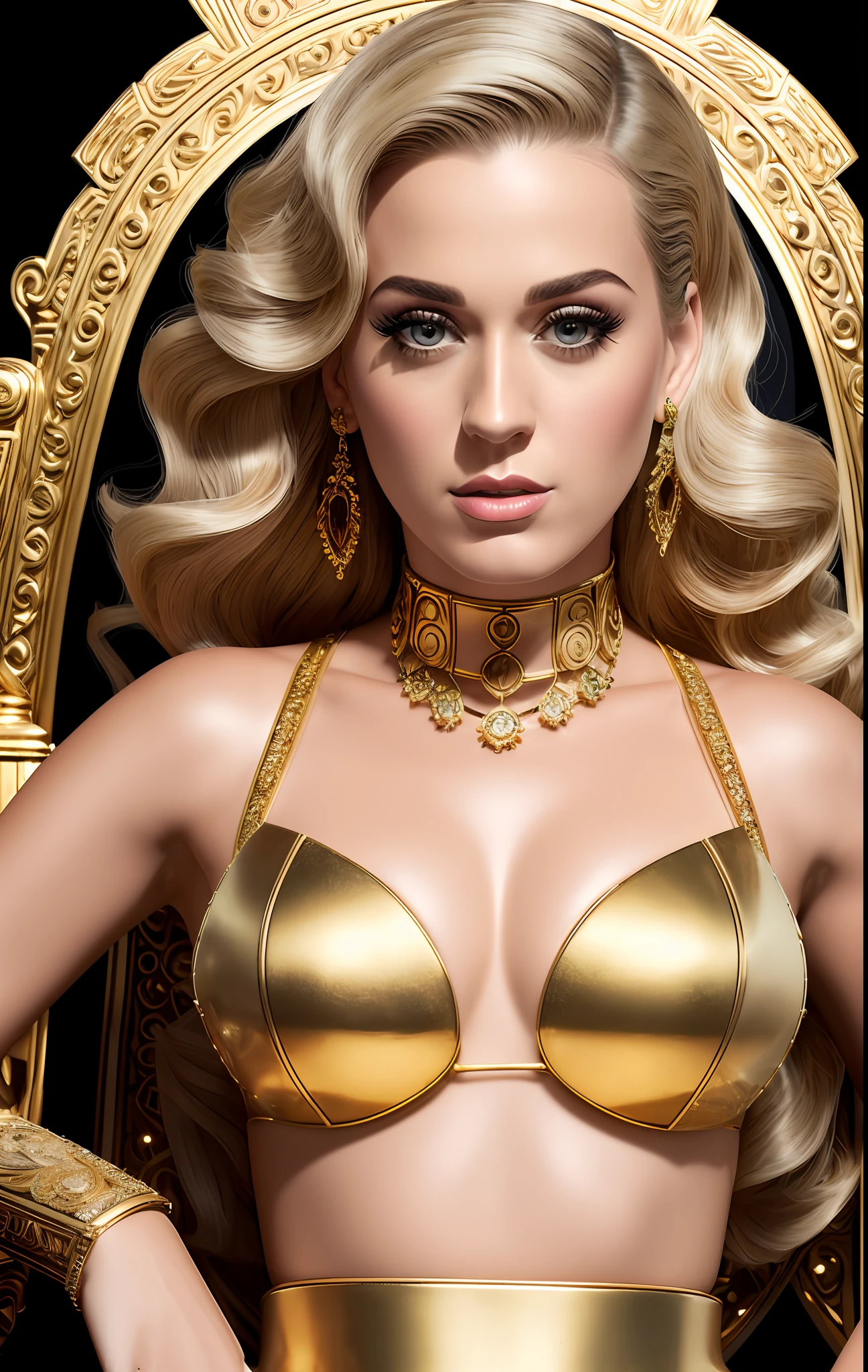 katy perry, (8k, RAW photo, best quality, masterpiece: 1.2), (realistic: 1.3), (photorealistic: 1.3), ultra-detailed, (highly detailed skin: 1.2), 8k uhd, dslr, soft lighting, high quality, film grain, Fujifilm XT3, best quality, beautiful lighting, detailed face (woman as golden cyborg sitting on a throne: 1.2), (gold_android: 1.3), (body shape: 1.3), heels, detailed electronic part body, (body with incrustated gemstone : 1.3), blond hair, tiara with diamond, (wires and detailed circuit boards, machine connected to the body, connection with wires, background of the palace: 1.3),