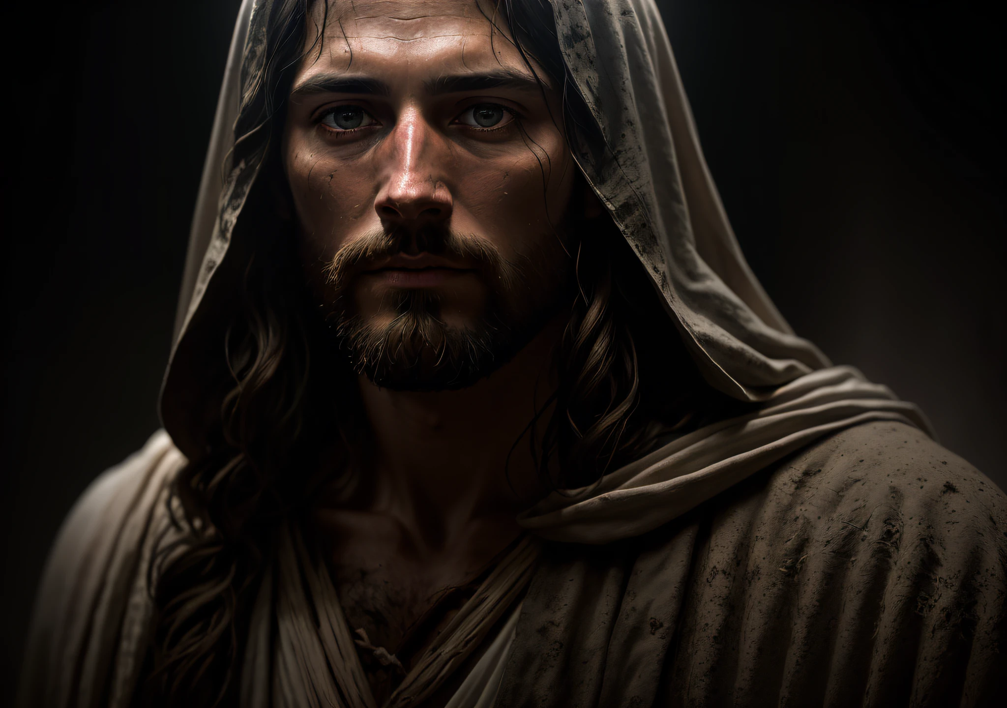 JESUS CHRIST DARK PHOTO: realistic epic, soft cinematic portrait, adobe lightroom, photographic lab, highly detailed, faded, (neutral colors: 1.2), (hdr: 1.4) , (soft colors:1.2), hyperdetailed, (artstation:1.4), cinematic, warm lights, dramatic light, (intricate details:1.1), complex background, (rutkowski:0.66), (blue and orange:0.4)