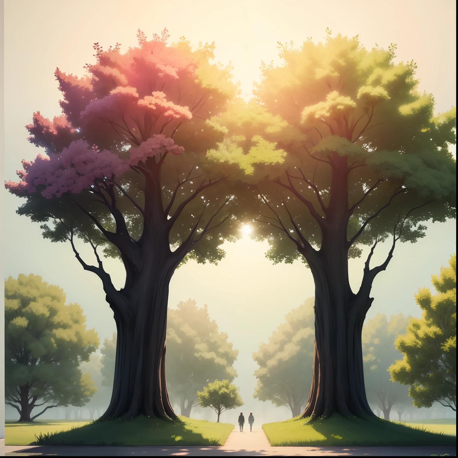 create two trees next to each other a bright tree with flowers and another tree with green leaves