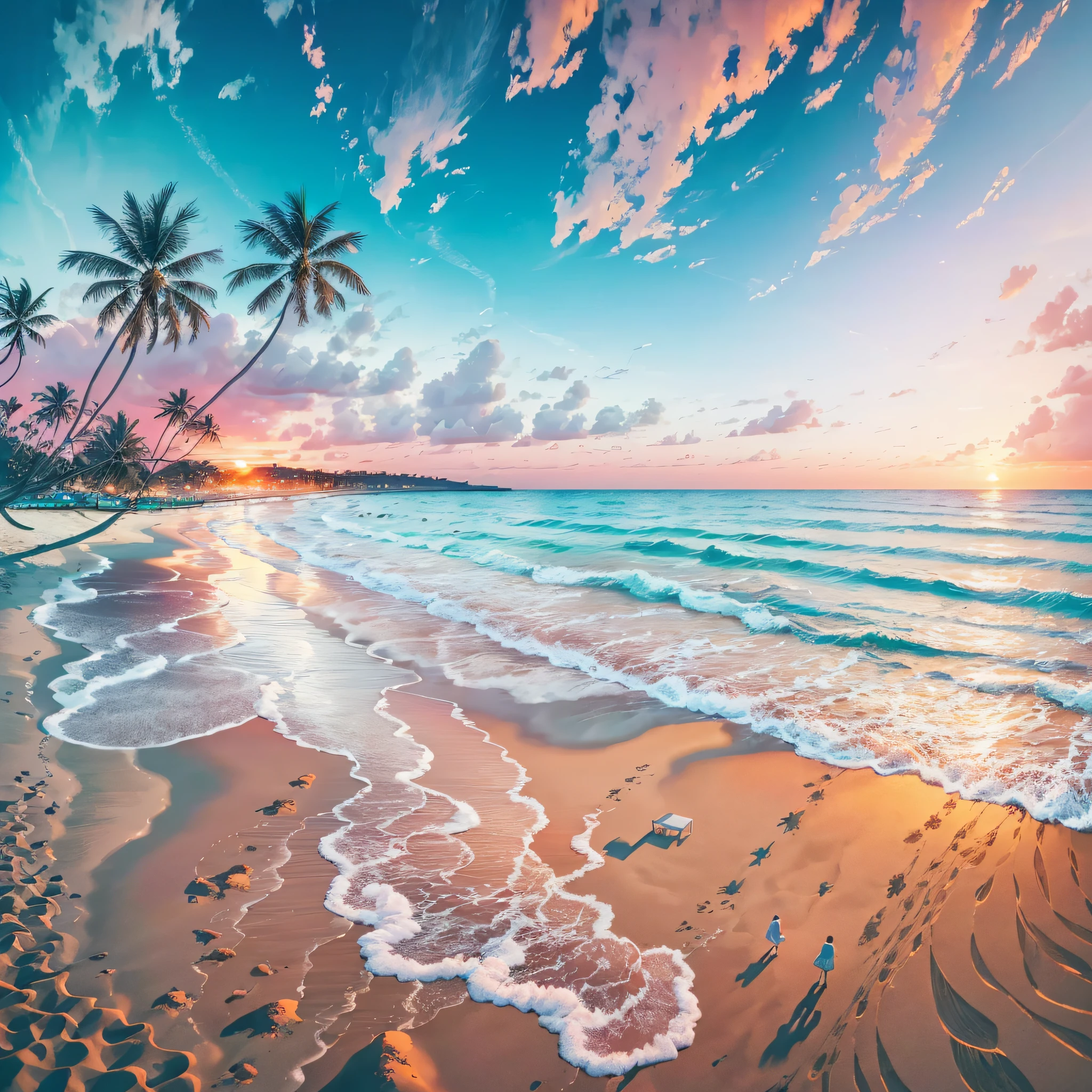 An absolutely mesmerizing sunset on the beach with a soft glow in the sky mixed with pale pink, light blue. The water is crystal clear, gently kissing the shore, and the white sand beach stretches as far as the eye can see. The scene is dynamic and breathtaking, with seagulls soaring high in the sky and palm trees gently swaying. Soak up the calm atmosphere and let tranquility envelop you, with a couple of lovers by the beach --auto --s2