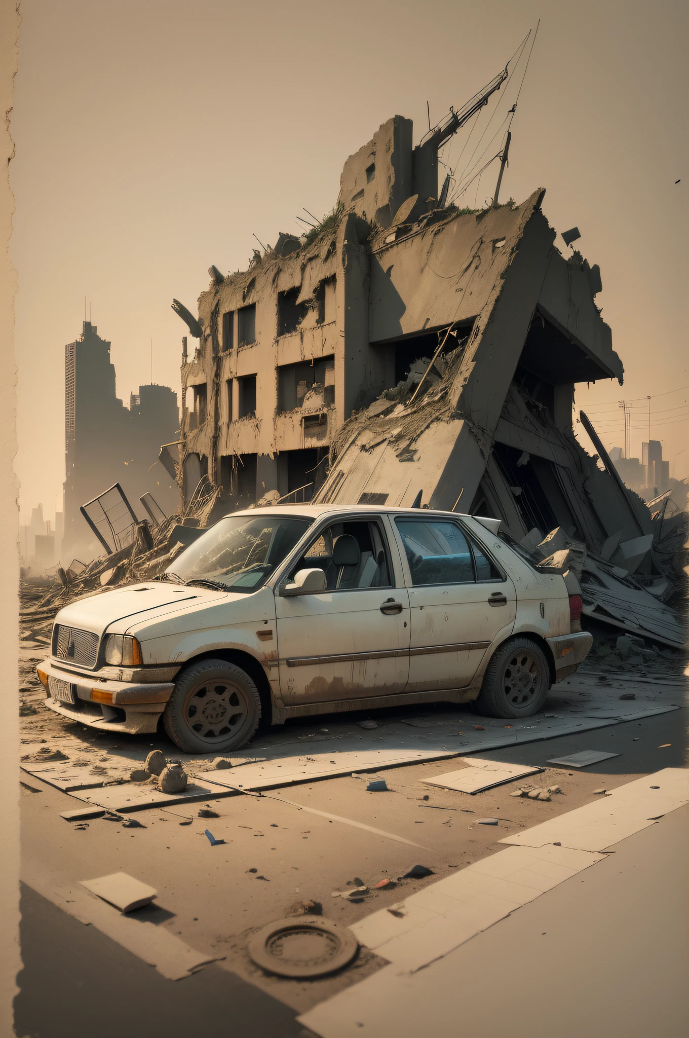 line art, minimal stroke possible, 1 girl, poor, destroyed city, destroyed vehicules, ruins, old time, ancient, paper cut, colorful, ((masterpiece: 1.3)), 8k