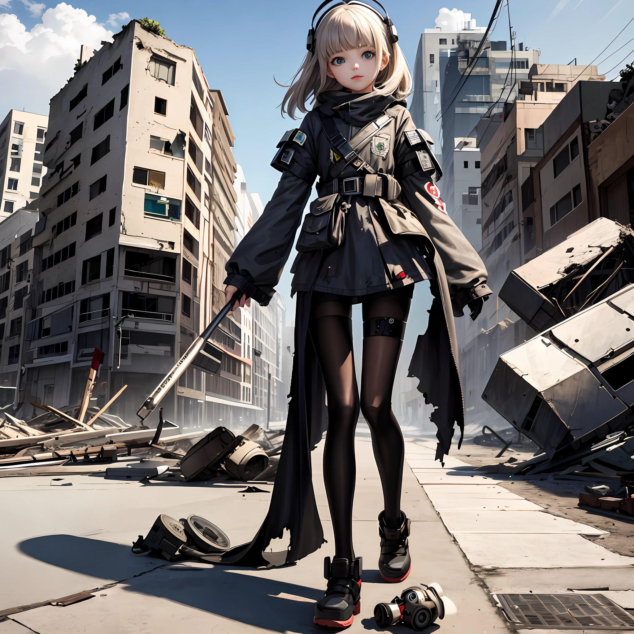 Masterpiece best quality details impressive child girl robot full body in a destroyed city Increase destroyed landscape