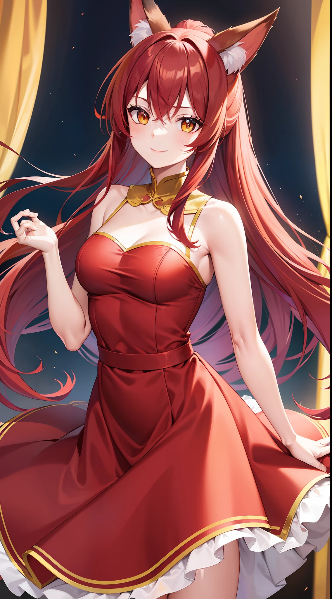 Adult girl, long red hair, high ponytail, yellow eyes, fox ears, red rich dress, open shoulders, smile, masterpiece, high quality