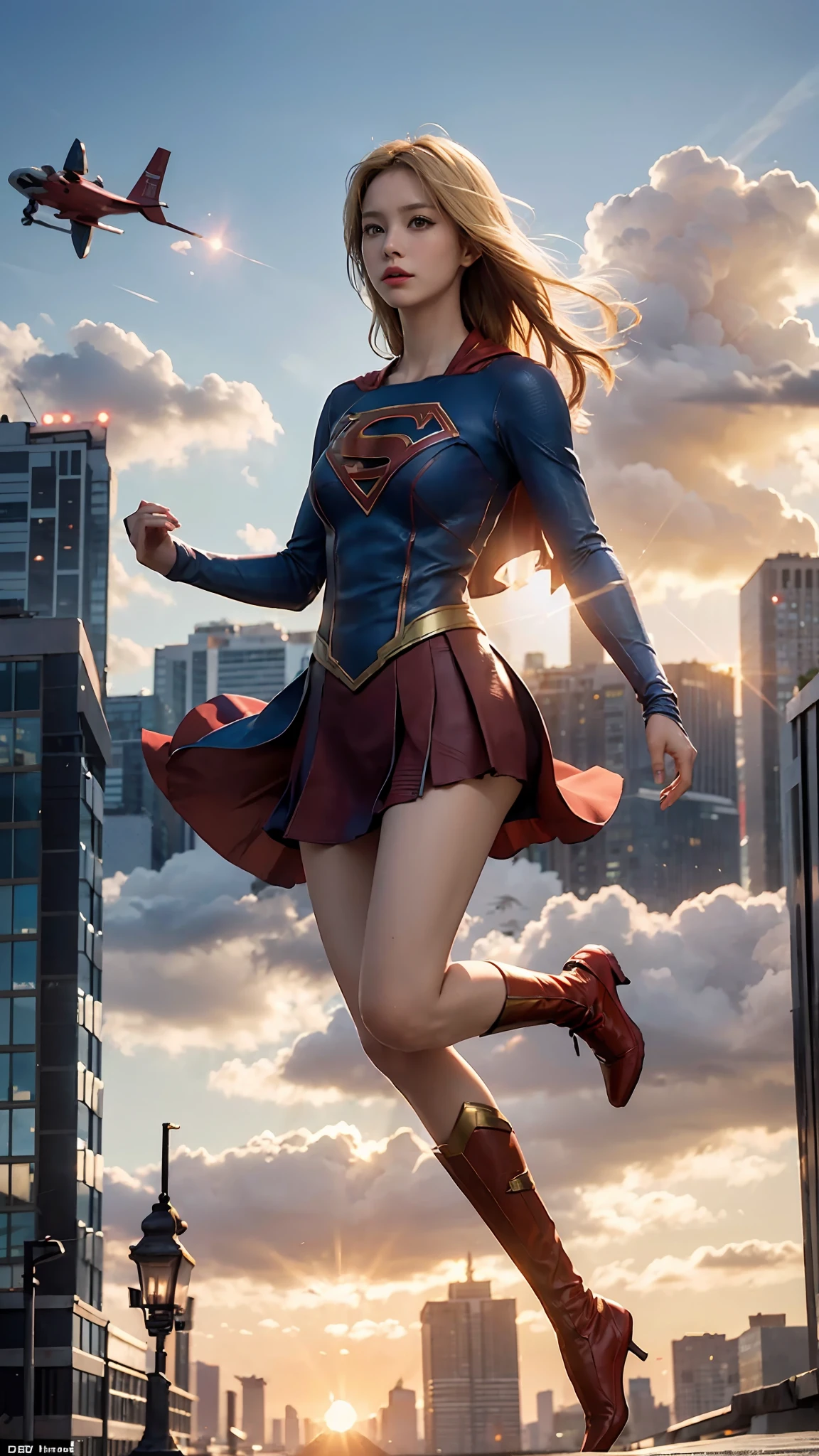 Woman alone, Supergirl costume dress, medium breasts, blonde, evening, urban, a lot of buildings, sunset, ((floating in the air)), full body, ((from afar)), from the side