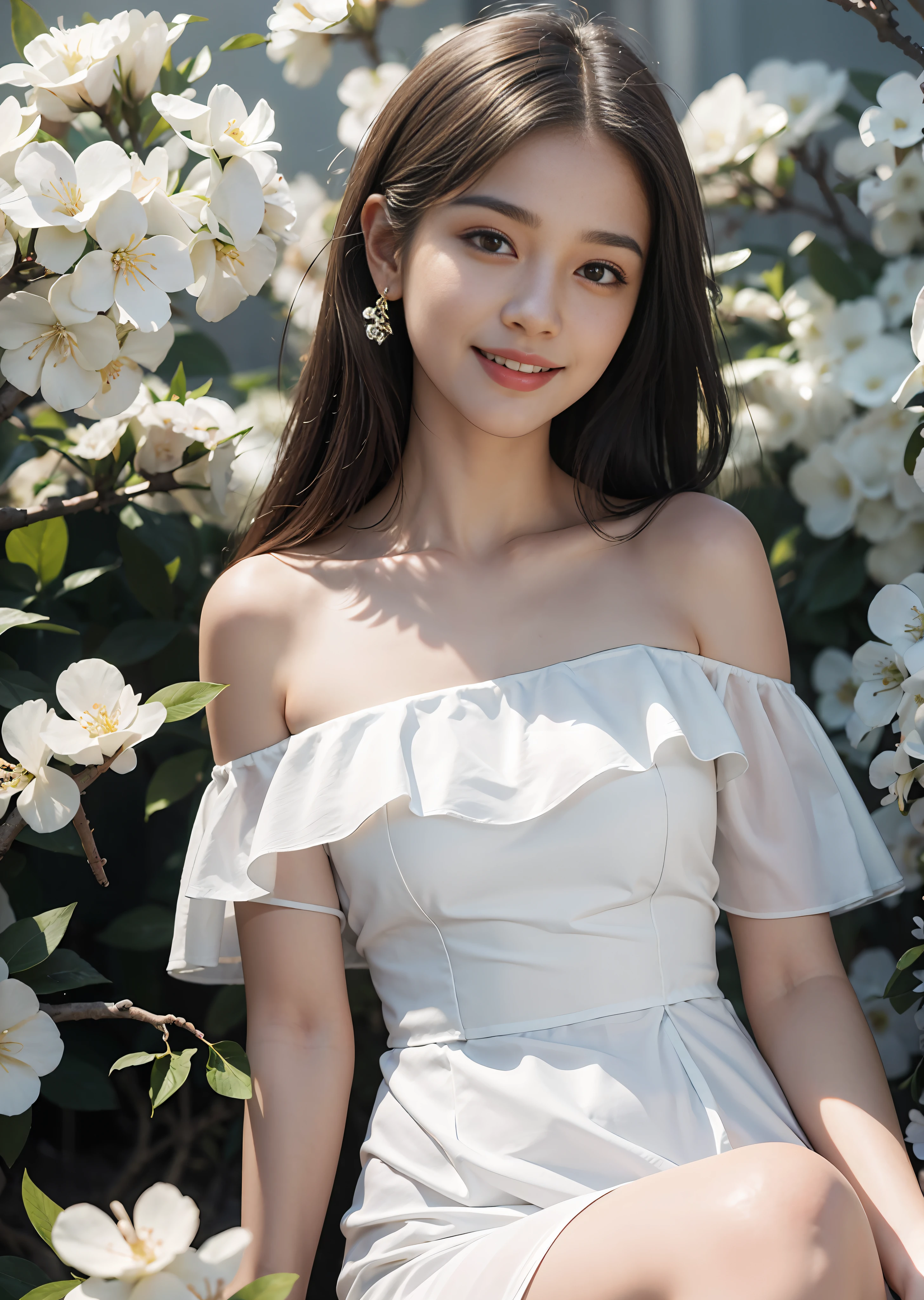 Best quality, masterpiece, ultra high res, (photorealistic:1.4), raw photo, 1girl, white dress, off shoulder, blossom flower field, glowing skin, light smile