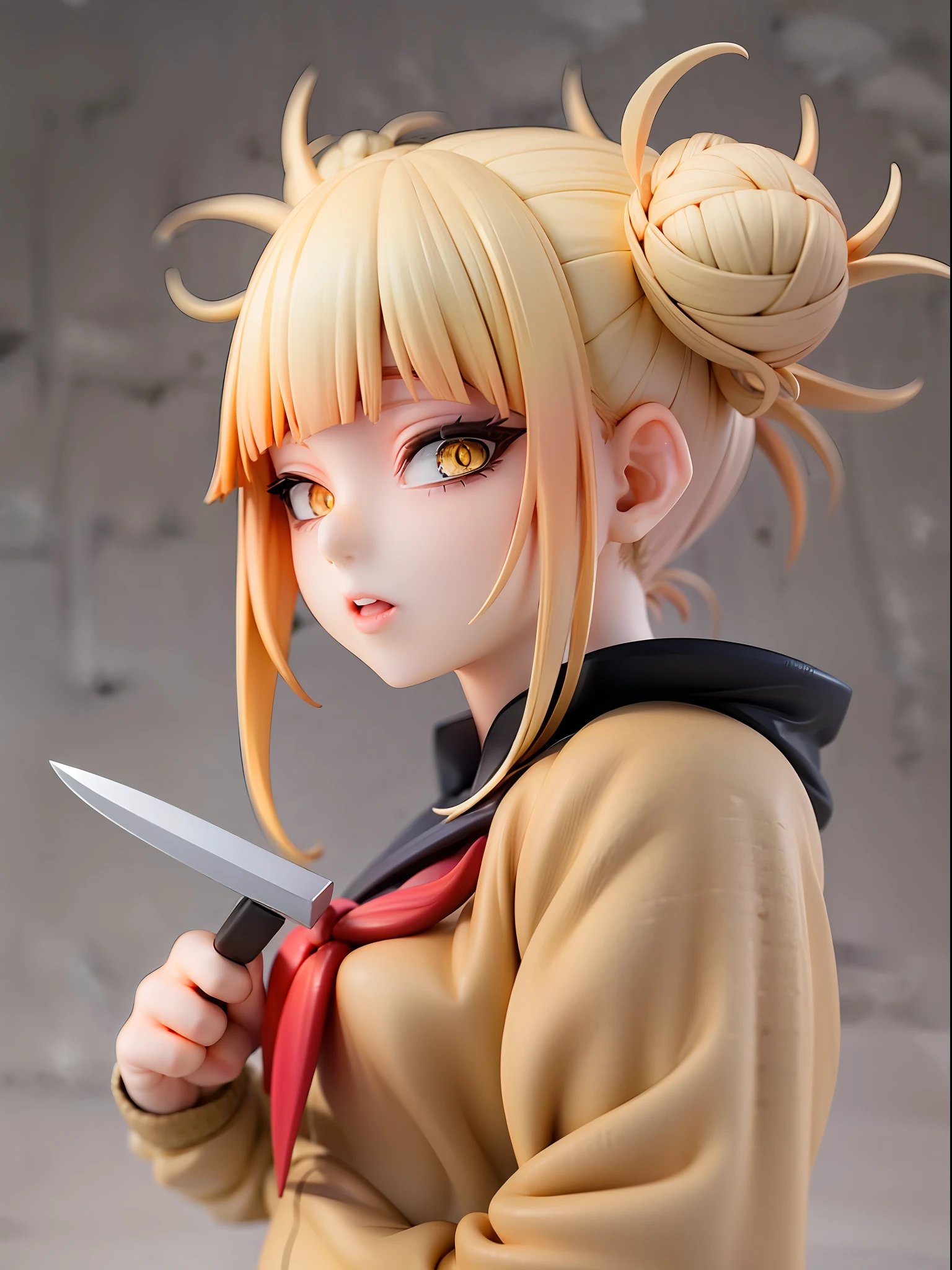 1girl,himiko toga,blonde hair,yellow eyes,bored expressionhold a knife,facing viewer,looking at viewer,good hand,good finger,masterpiece,extremely detailed