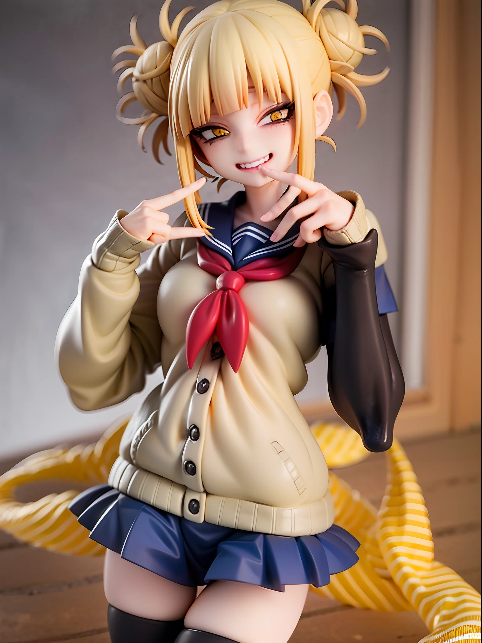 1girl,evil smile, himiko toga,blonde hair,yellow eyes,bored expressionhold a cutter, sailor uniform, facing viewer,looking at viewer,good hand,good finger,masterpiece,extremely detailed, full body