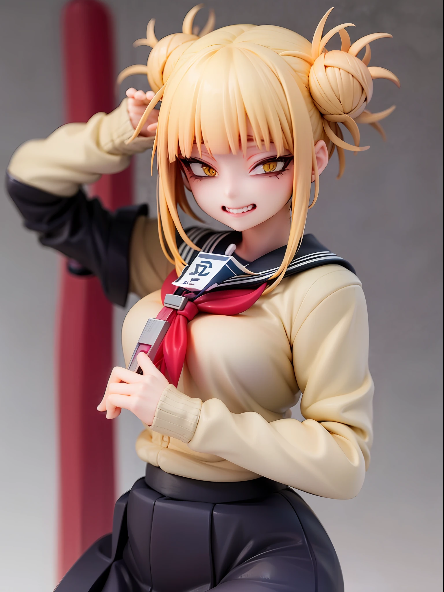 1girl,evil smile, himiko toga,blonde hair,yellow eyes,bored expressionhold a cutter, sailor uniform, facing viewer,looking at viewer,good hand,good finger,masterpiece,extremely detailed, full body