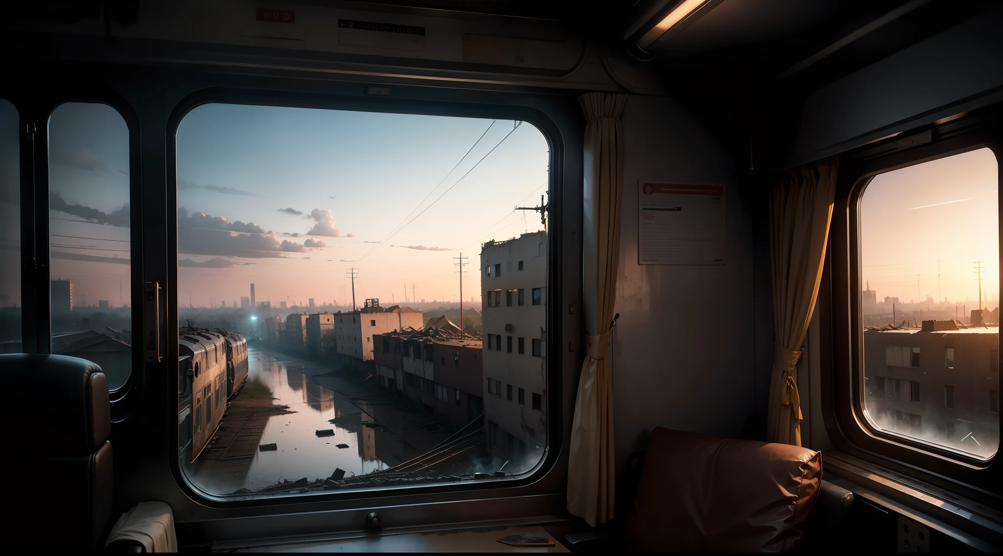 Train inside dark with view from the window of a destroyed city