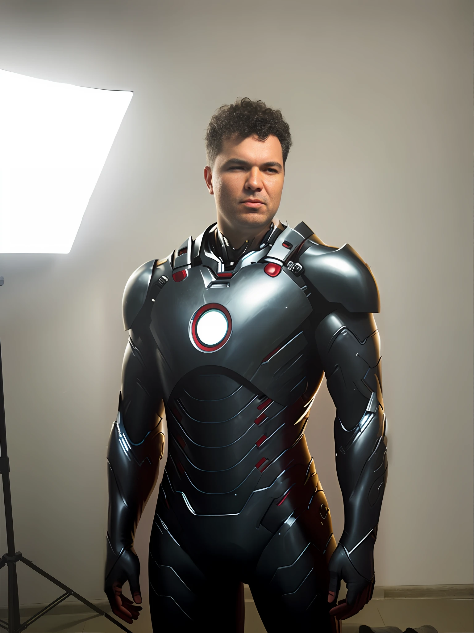 An Ironman standing in front of a light in a studio, photo from a promo shoot, photoshoot portrait, promo shoot, medium portrait top light, portrait shot 8 k, low - key studio lighting, portrait photo of a backdrop, shot in the photo studio, medium portrait soft light, meet the actor behind the scenes, looking straight to camera, set photograph