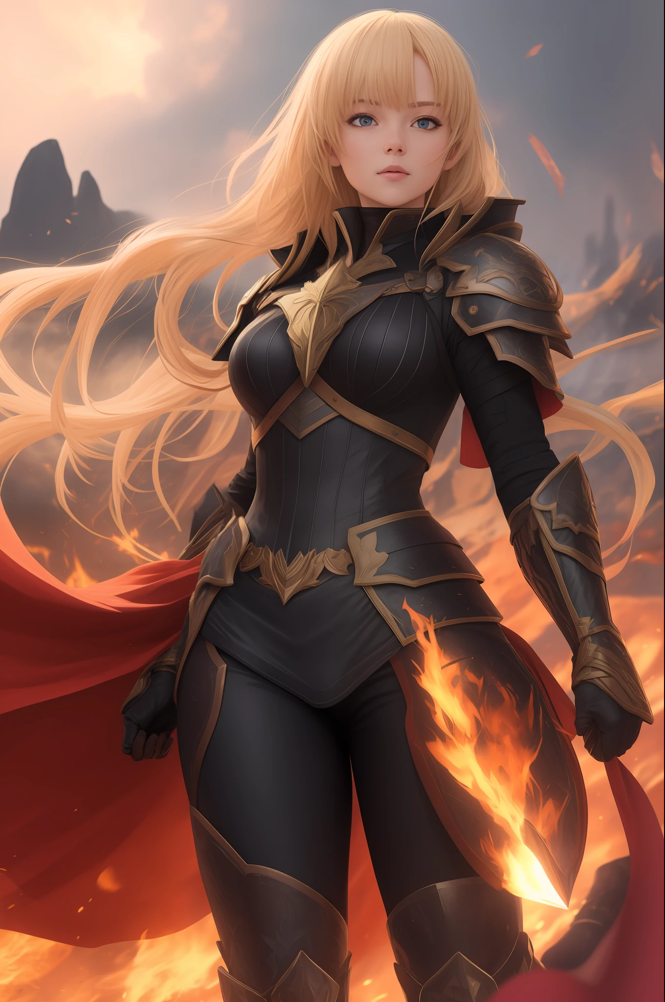 Anime girl with blonde hair, dark girl, black dress, armor on arms, sorceress, Fighting in a dark feminine place, Red magic, full body commission for anime, hyper realistic texture, realistic photo, ultra detailed, no drawing edges, feature would be, Flying in the middle of a red magic Pants glued photorealistic, dark 👀scenery, fighting using magic Red, Fighting in battle in a dark place, Fire around the Girl texture of ultra realistic clothes, Natural lighting, realistic lighting, no dark edges, detailed shadows, ultra realistic photo, absurd realistic, realism, no drawing edges, ultra absurd photorealistic, mega realistic hair, mega realistic clothes, absurdly realistic details, no deformities, no drawing edges, no drawing lines, 8K, 4K