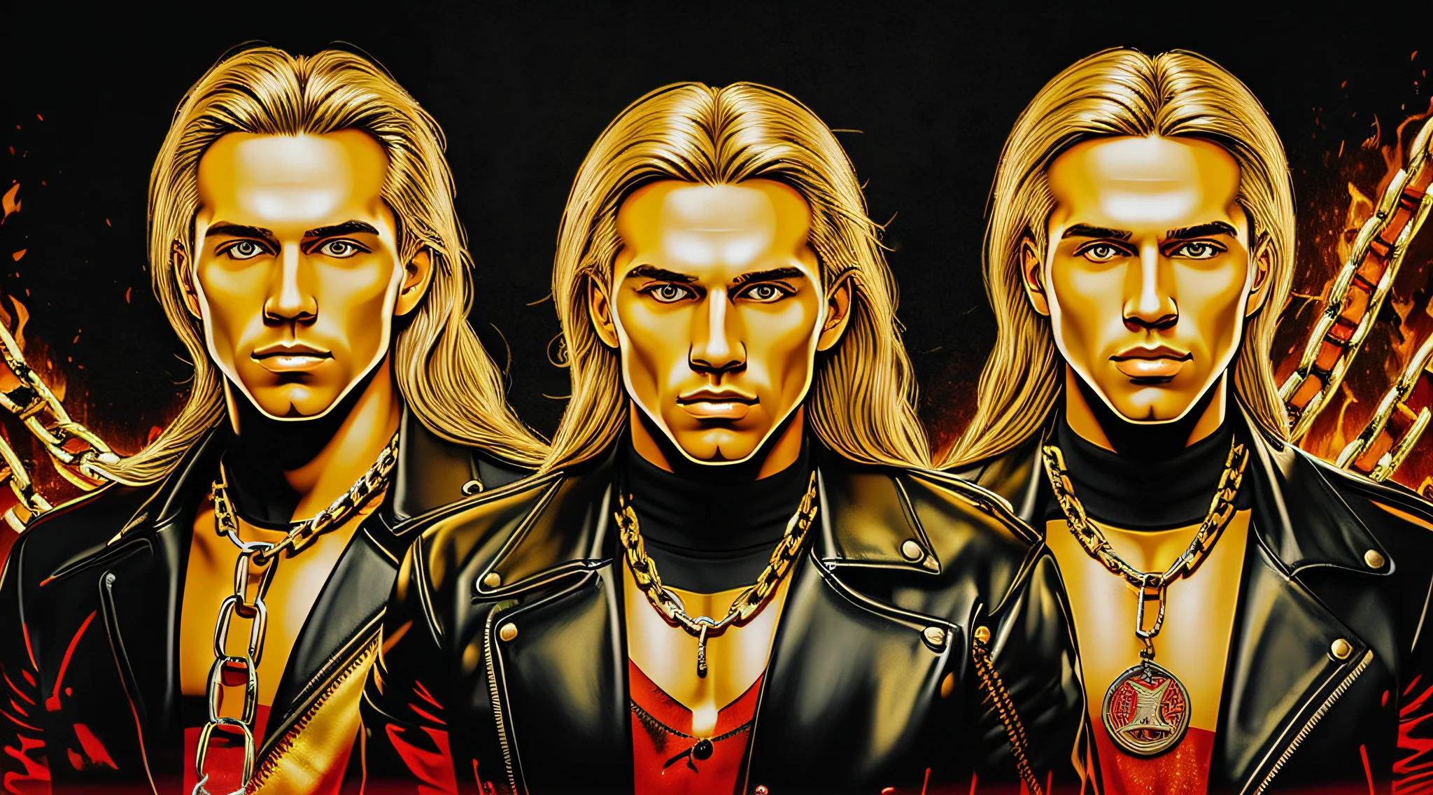 A half body, portrait of 3 German men long blonde hair of 21 years, yellow leather jackets, background of chains, chain, more chains, many chains, , red, red fire, many background flames.