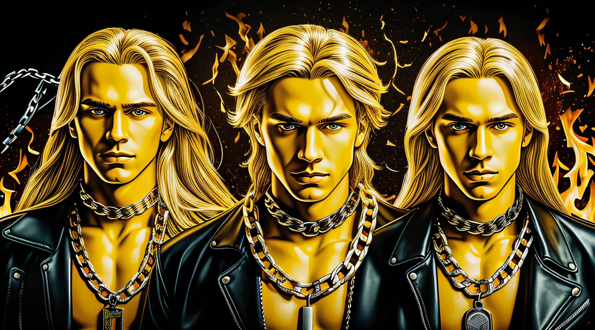 A half body, portrait of 3 German men long blonde hair of 21 years, yellow leather jackets, background of chains, chain, more chains, many chains, , red, red fire, many background flames.