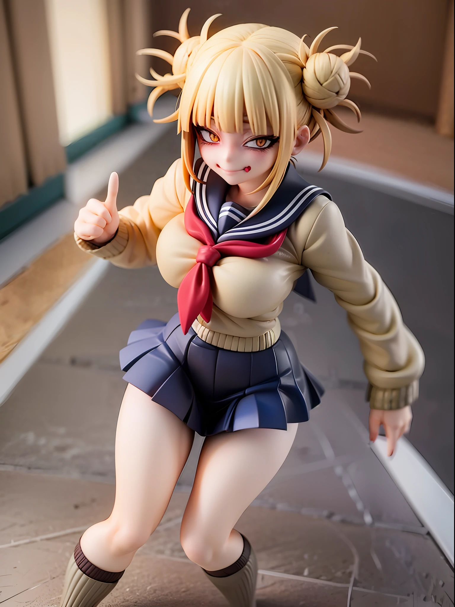 1girl,evil smile, himiko toga,blonde hair,yellow eyes,bored expressionhold a cutter, sailor uniform, facing viewer,looking at viewer,good hand,good finger,masterpiece,extremely detailed, full body