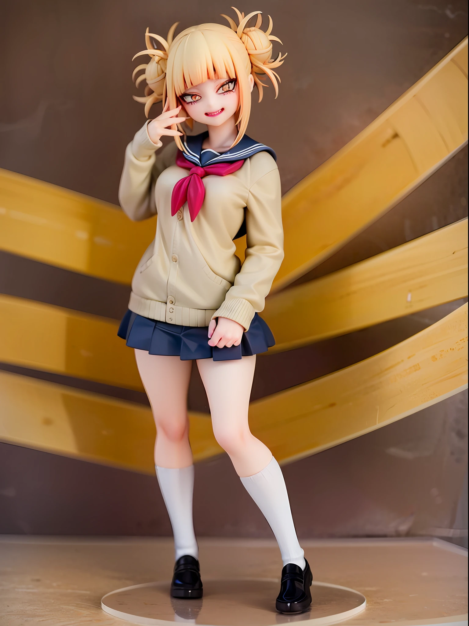 1girl,evil smile, himiko toga,blonde hair,yellow eyes,bored expressionhold a cutter, sailor uniform, facing viewer,looking at viewer,good hand,good finger,masterpiece,extremely detailed, full body