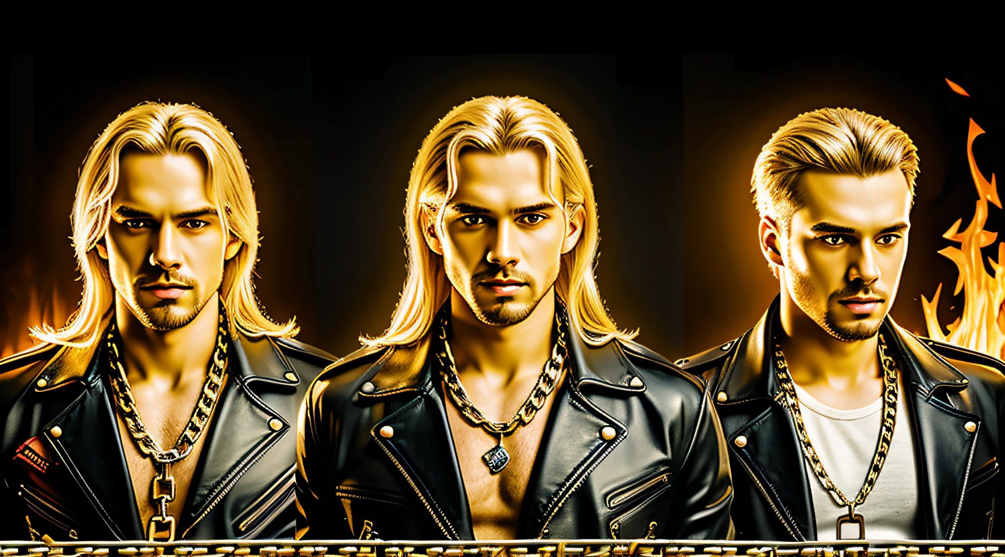 A half body, portrait of 3 German men long blonde hair of 21 years, yellow leather jackets, background of chains, chain, more chains, many chains, , red, red fire, many background flames.