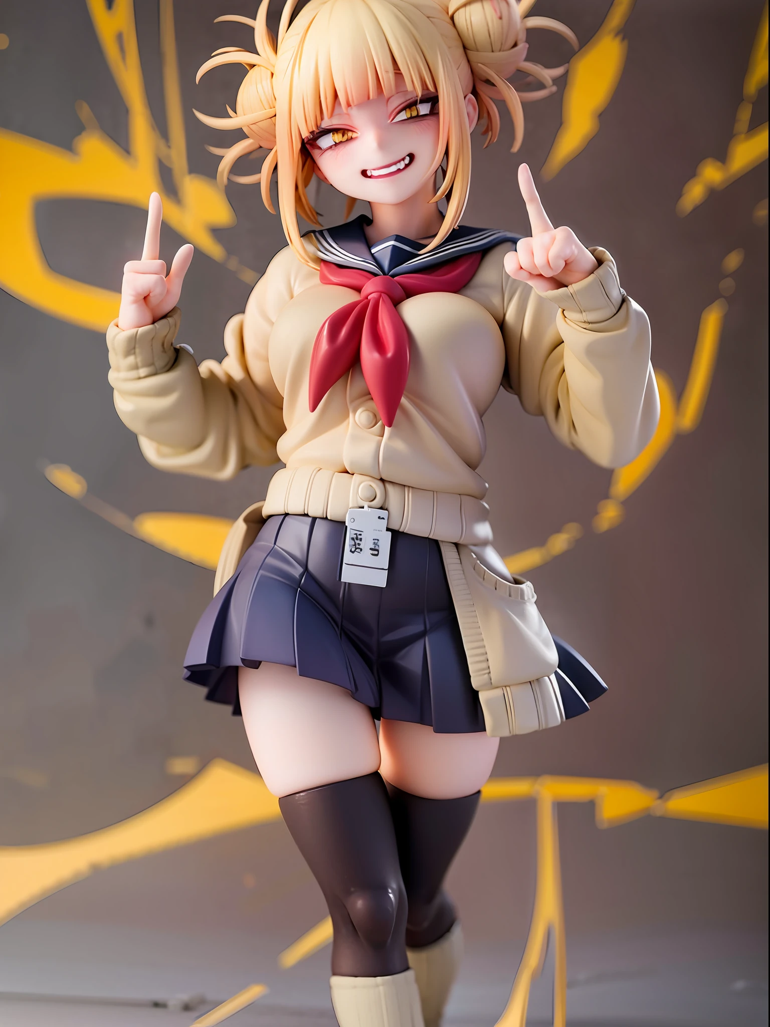 1girl,evil smile, himiko toga,blonde hair,yellow eyes,bored expressionhold a cutter, sailor uniform, facing viewer,looking at viewer,good hand,good finger,masterpiece,extremely detailed, full body