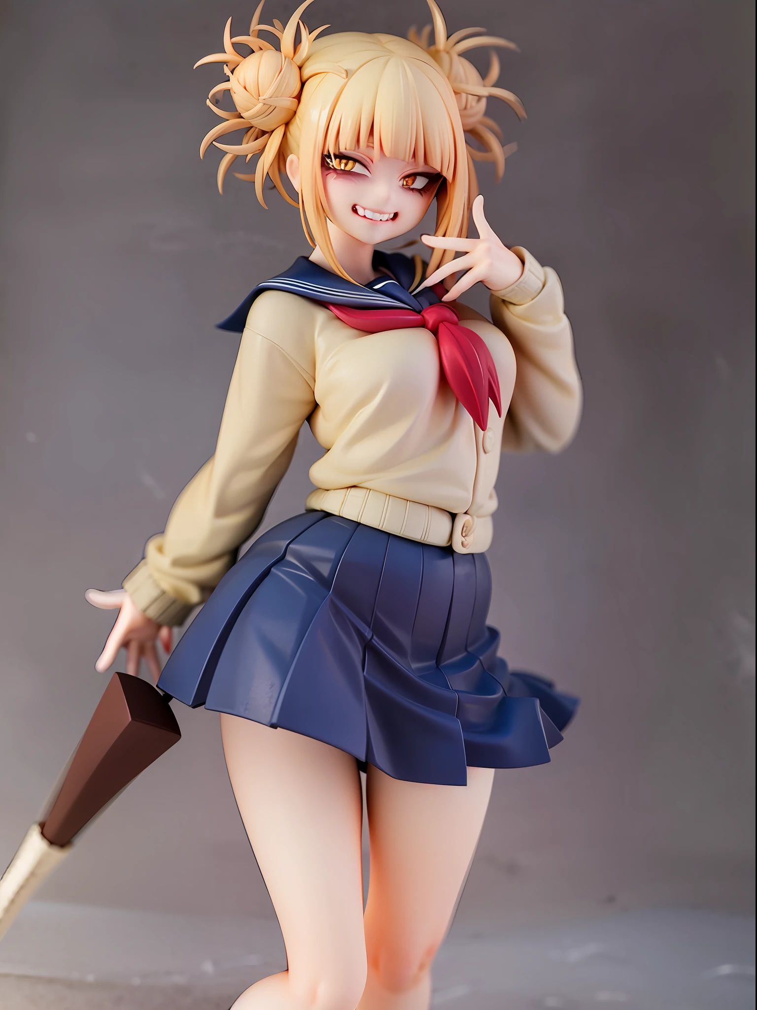 1girl,evil smile, himiko toga,blonde hair,yellow eyes,bored expressionhold a cutter, sailor uniform, facing viewer,looking at viewer,good hand,good finger,masterpiece,extremely detailed, full body