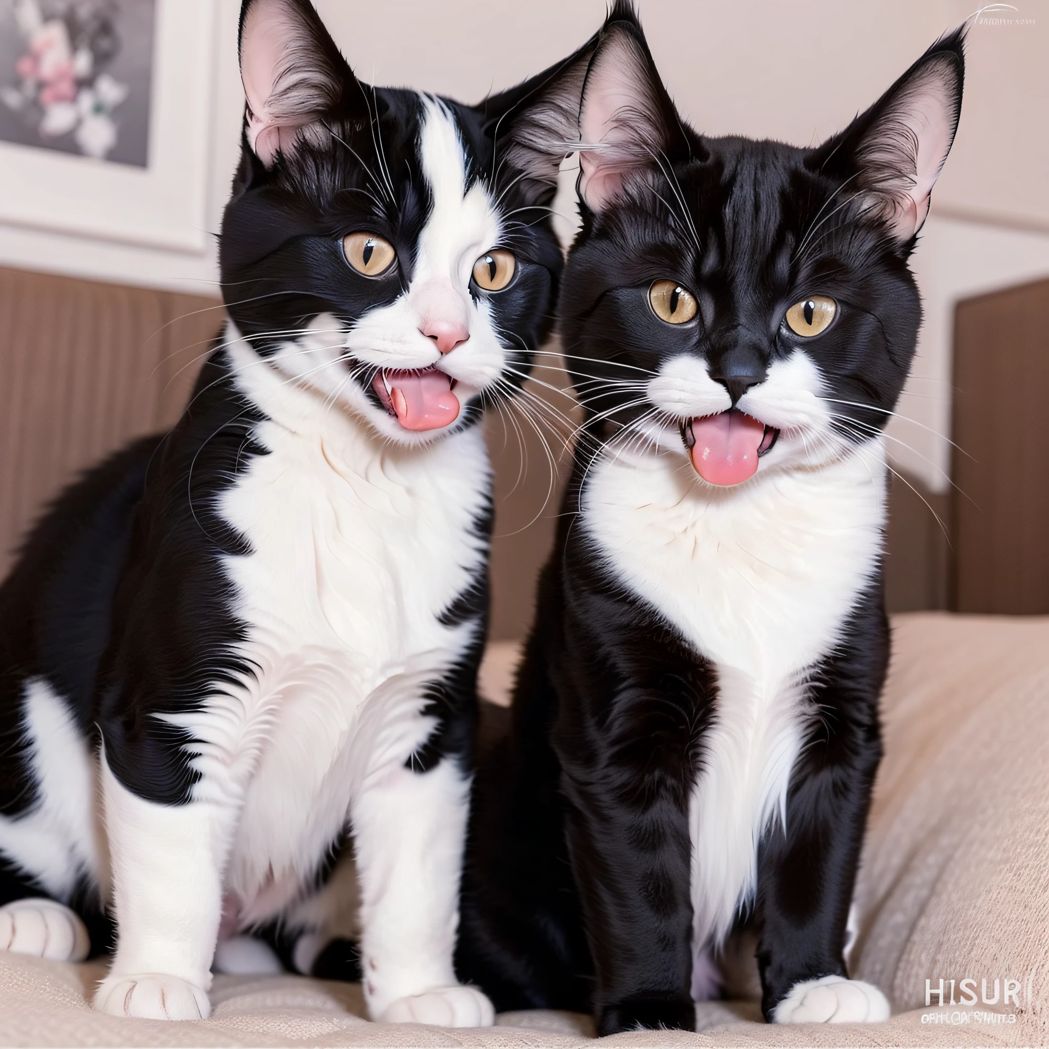 there is a black and white cat sitting on a bed, tongue out, happy with his mouth open, soft lulling tongue, licking out, tuxedo cat, markings on his face, tongue sticking out, black and white cat, licking tongue, with a white nose, winking at the camera, sneering at the camera, whiskers, long pointy pink nose