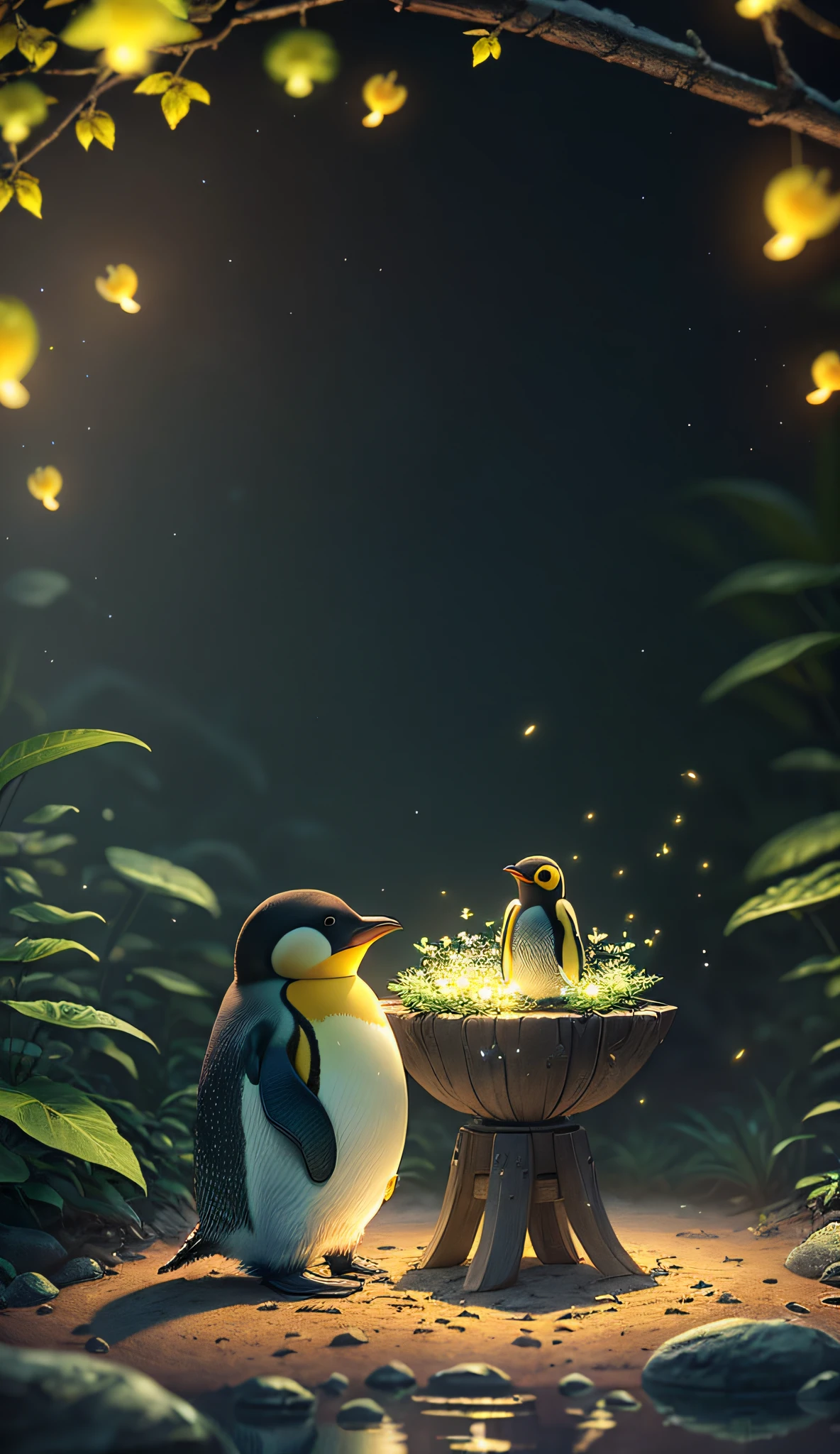 Masterpiece, best quality, (CG wallpaper 8k very detailed), (best quality), (best illustration), (best shadows), bright sprite, with a bright emperor penguin, in the pool Drinking water, natural elements in the theme of the forest . Mysterious forest, beautiful forest, nature, surrounded by flowers, delicate leaves and branches surrounded by fireflies (natural elements), (jungle theme), (leaves), (branches), (fireflies), (particle effects) etc.3D, Octane rendering, ray tracing, super detailed