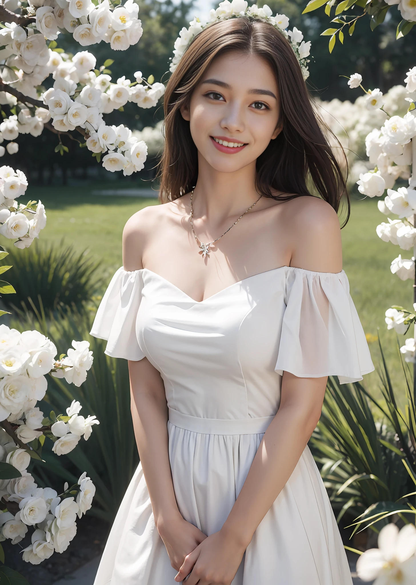 Best quality, Masterpiece, Super High Resolution, (Photorealistic: 1.4), Raw Photo, 1 Girl, White Dress, Off-Shoulder, Flower Garden, Radiant Skin, Bright Smile, ((Necklace))