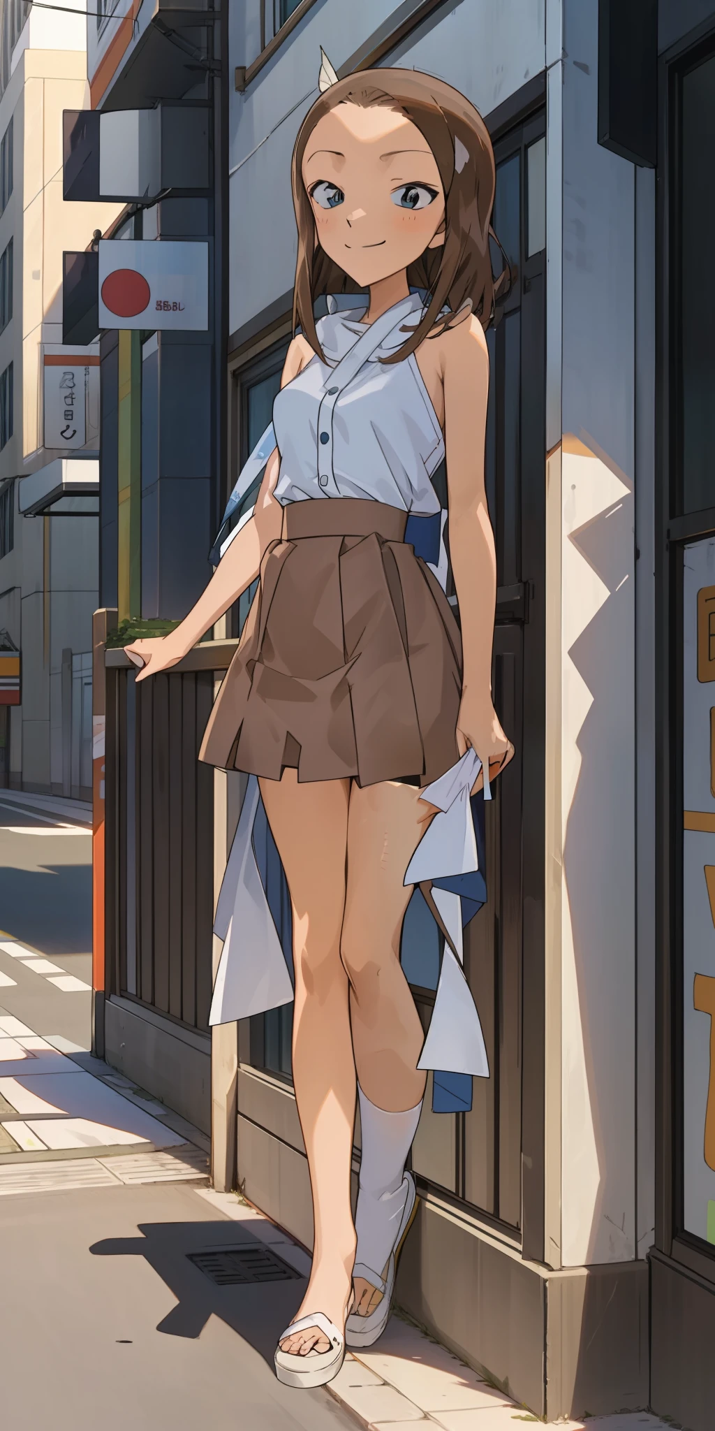 ((masterpiece)), (8k, high_resolution), (best quality), , 1girl, solo, blue eyes, brown hair, short hair, smile, look at the viewer, street, city, outdoors, beautiful eyes and detailed face, medium breasts, summer cloth, full body, shrinking position, alone in the corner, the girl is lonely,Takagi San,is almost naked, wearing feathers a small skirt