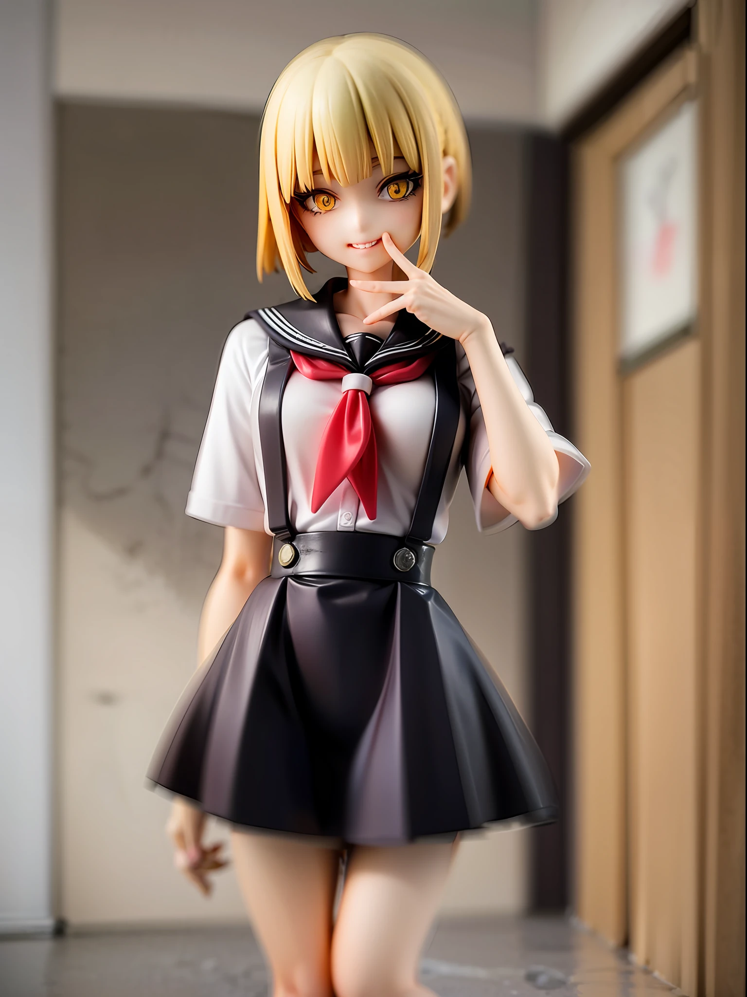 1girl,evil smile, himiko toga,blonde hair,yellow eyes,bored expressionhold a cutter, sailor uniform, facing viewer,looking at viewer,good hand,good finger,masterpiece,extremely detailed, full body