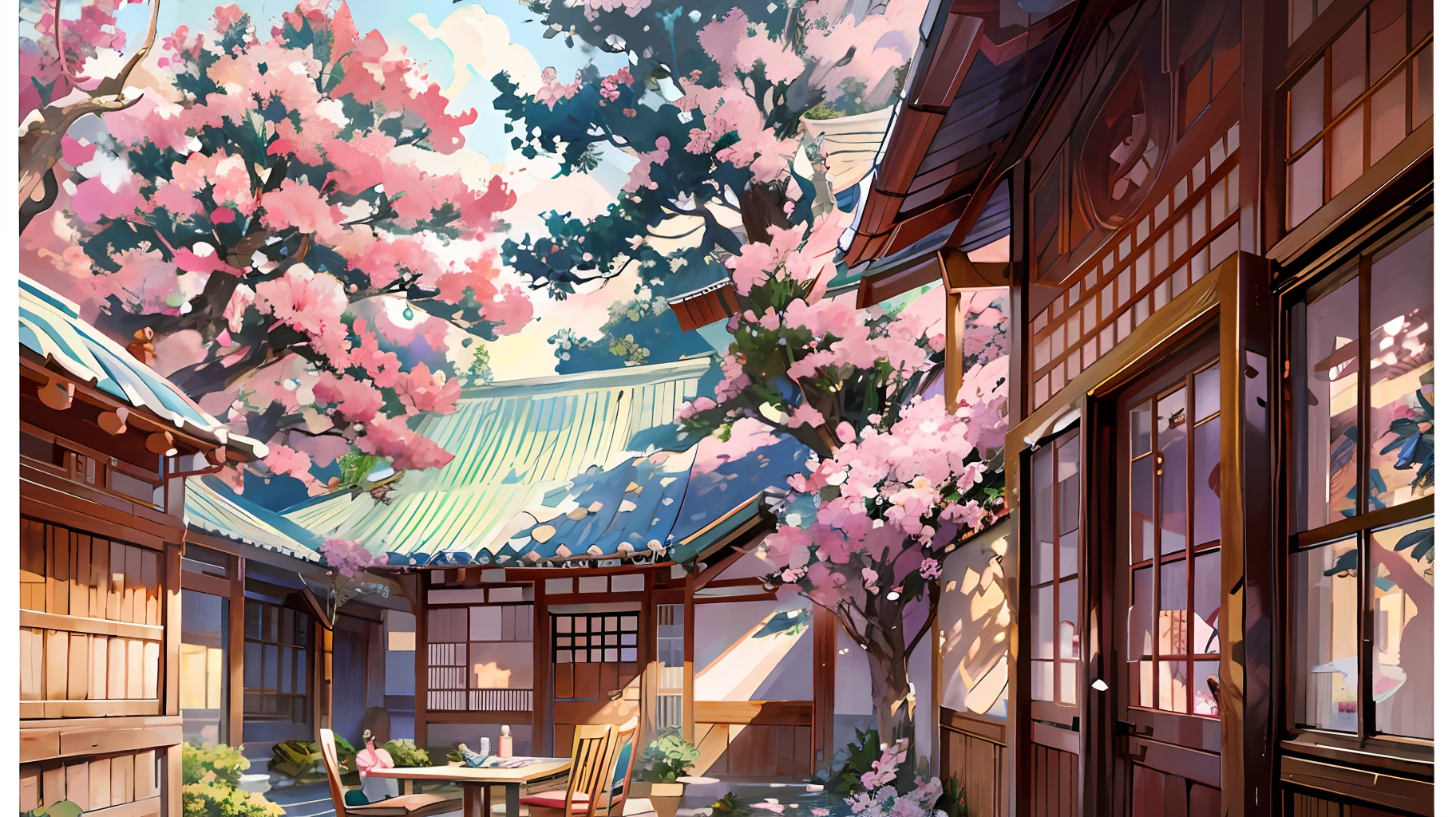 painting of a courtyard with a table and chairs and a flowering tree, anime background art, japanese art style, beautiful anime scene, detailed scenery —width 672, background art, anime scenery, anime background, beautiful anime scenery, anime beautiful peace scene, scenery artwork, japanese house, by Sim Sa-jeong, japanese village, anime scenery concept art, 8k))