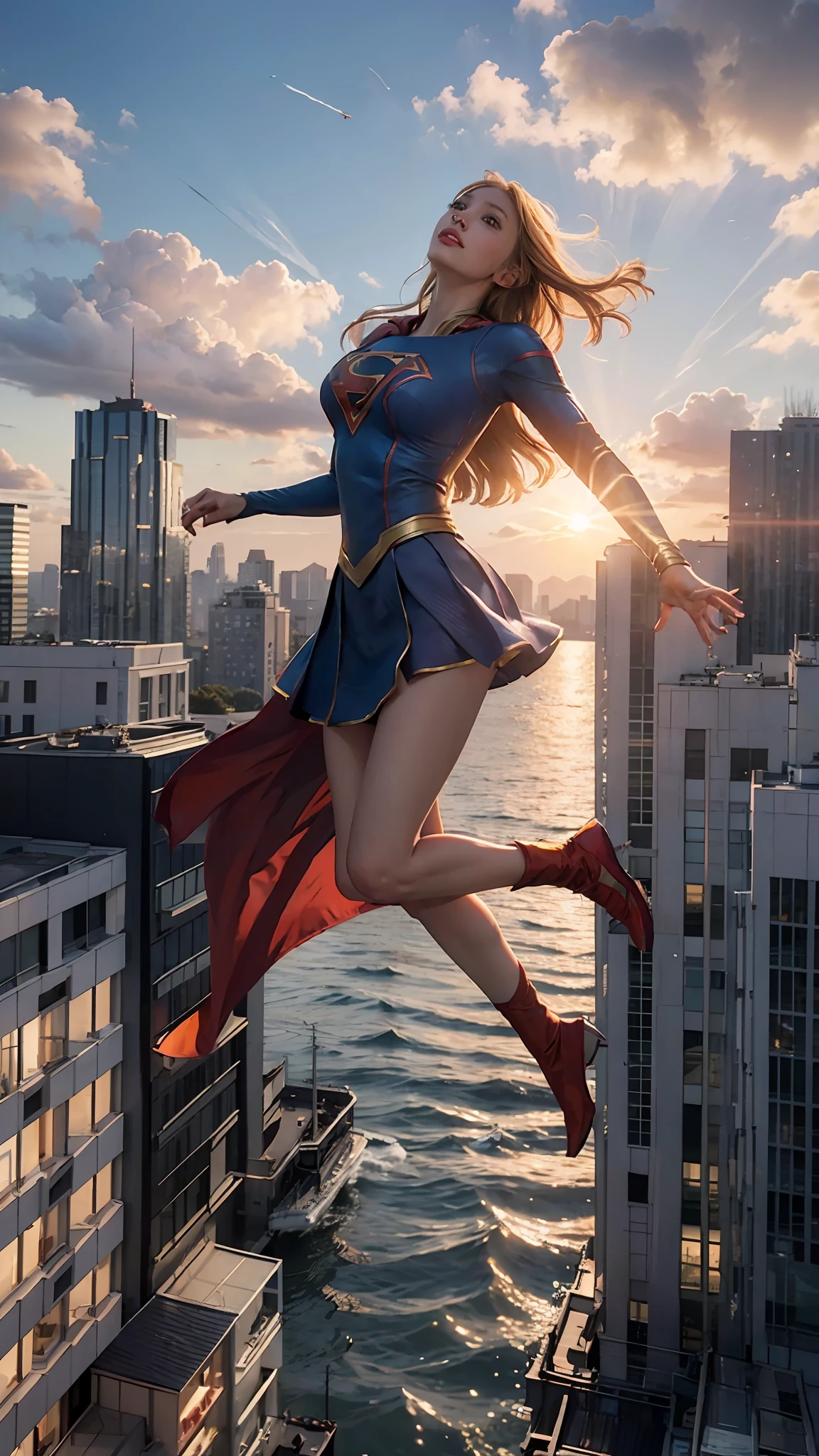 Woman alone, Supergirl costume dress, medium breasts, blonde, evening, city, lots of buildings, sunset, ((floating in the air)), full body, ((from afar)), from the side, flying in the sky