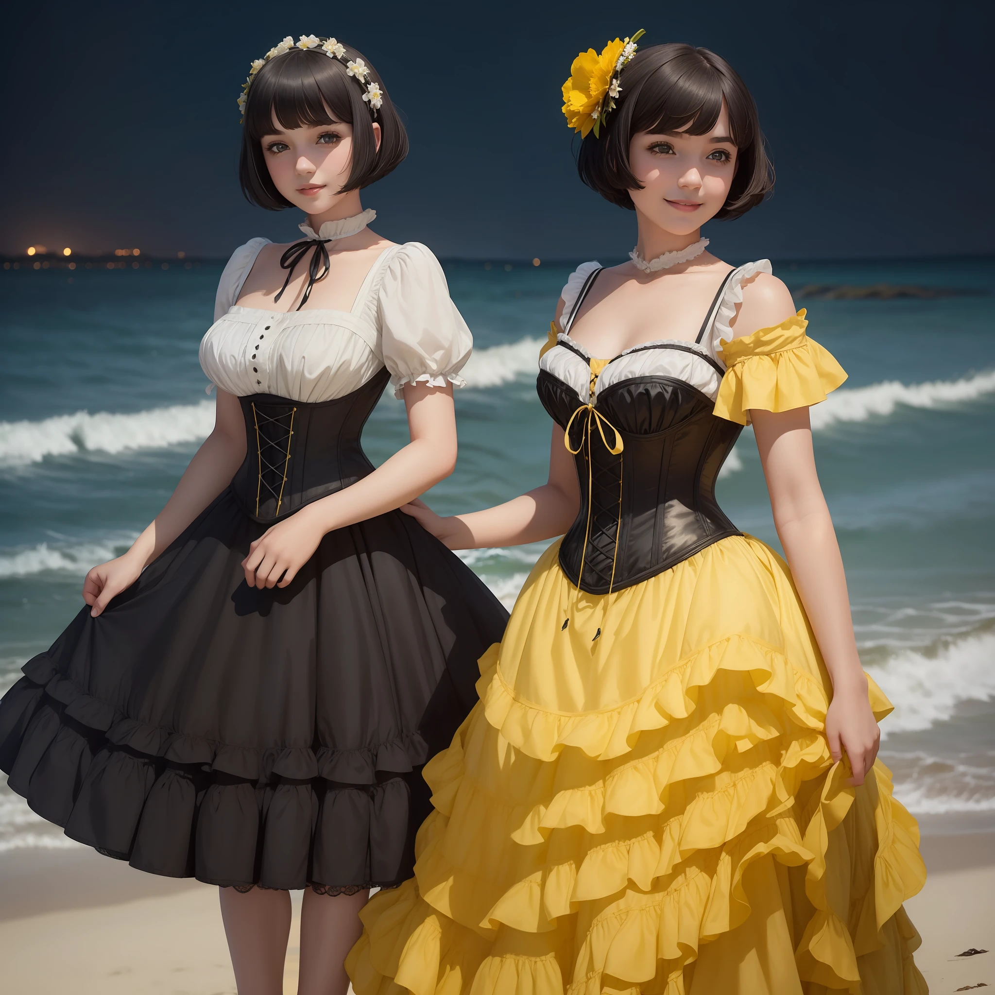 (((1girl))), (((solo))), White Caucasian girl, 20 years old, black bobcut hair with a flower in her hair, dressed in a victorian era corset and yellow dress, at the beach, night, she's standing, she's smiling, sideways