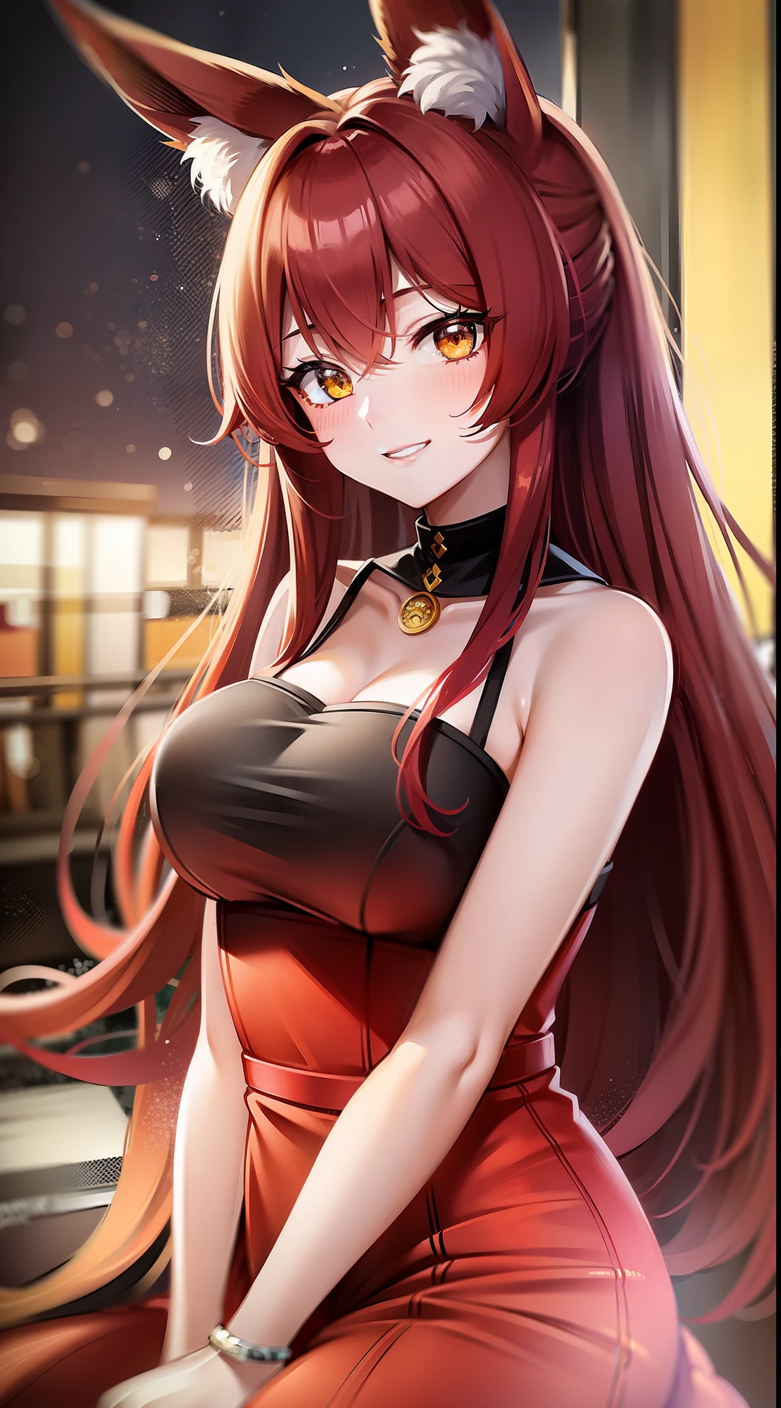Adult girl, long red hair, high ponytail, yellow eyes, fox ears, red rich dress, open shoulders, smile, masterpiece, high quality