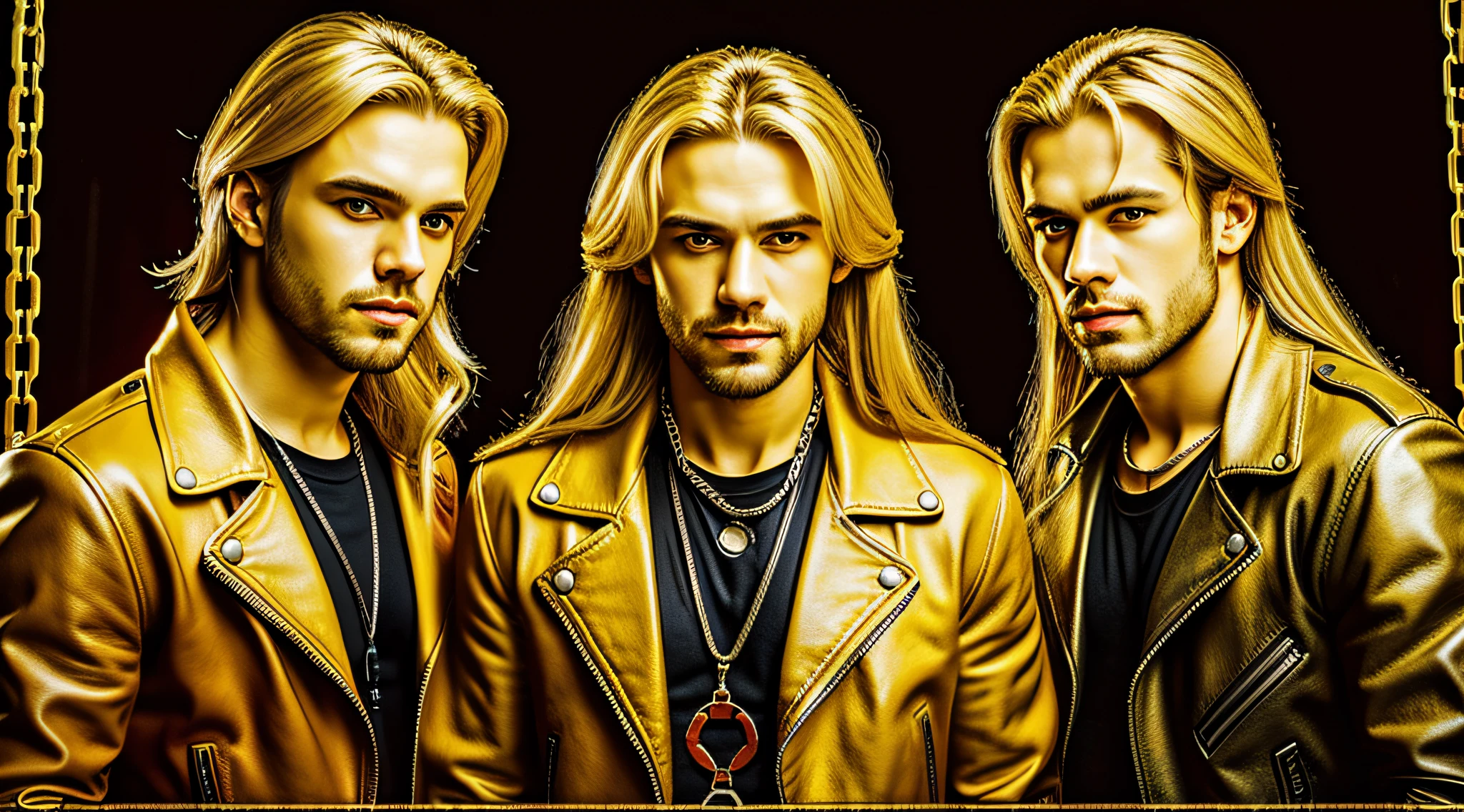 A half body, portrait of 3 German men long blonde hair of 21 years, yellow leather jackets, background of chains, chain, more chains, many chains, , red, red fire, many background flames.