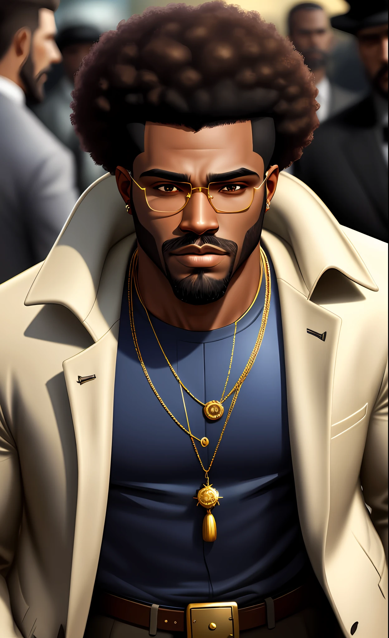 Close. 28 year old crime pimp, brown skin with short beard,(face only)short afro hair, gold tooth, HD, 10k, ultra realistic, NikonD850