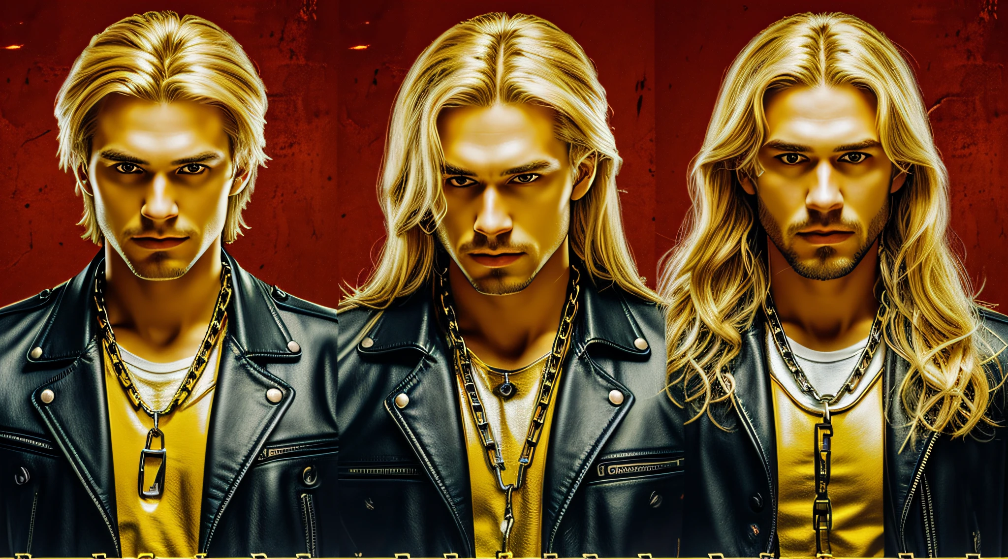 A half body, portrait of 3 German men long blonde hair of 21 years, yellow leather jackets, background of chains, chain, more chains, many chains, , red, red fire, many background flames.