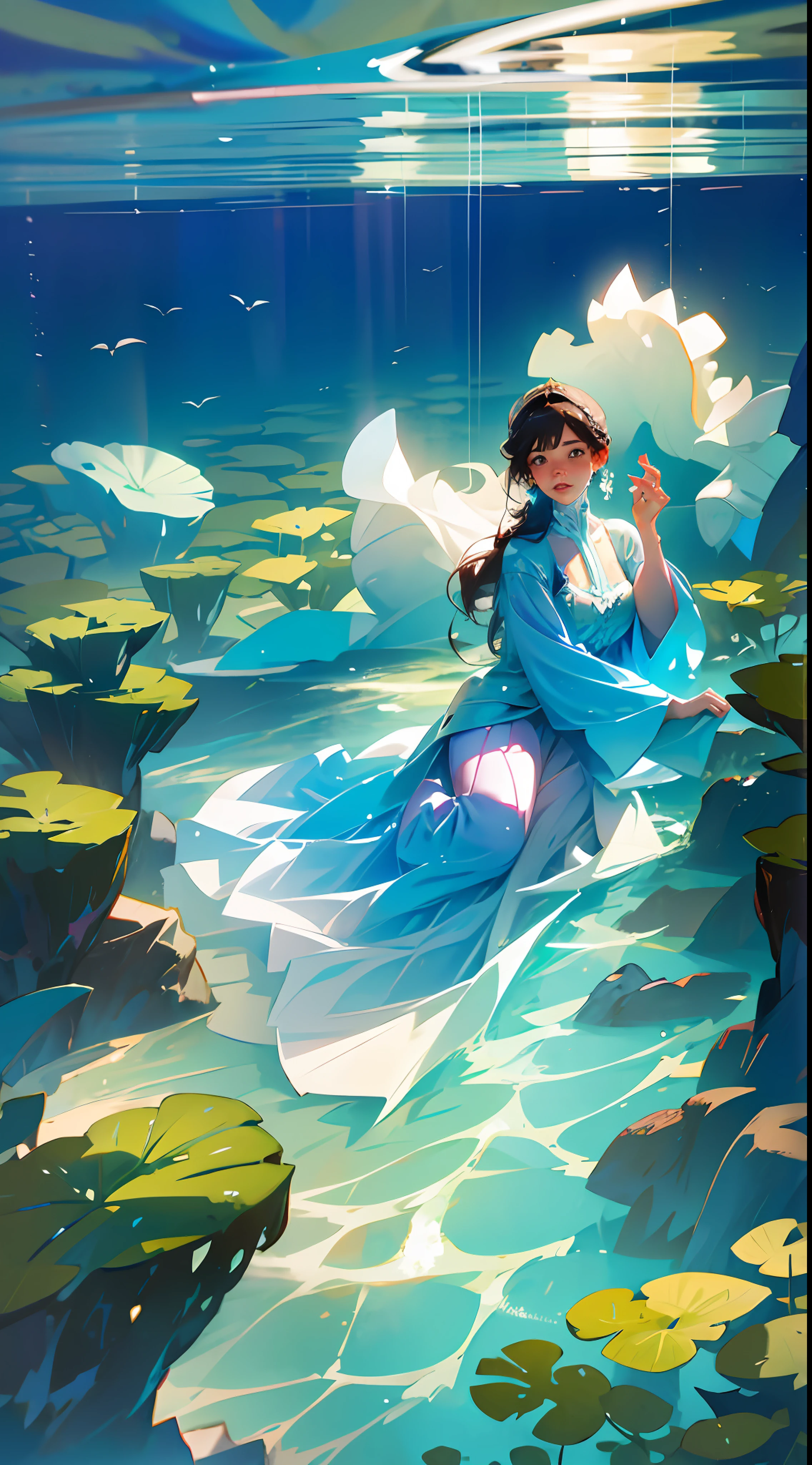 Hyper-realistic photography, sea behemoths, underwater world, azure waters, slender aquatic plants drifting with the waves.