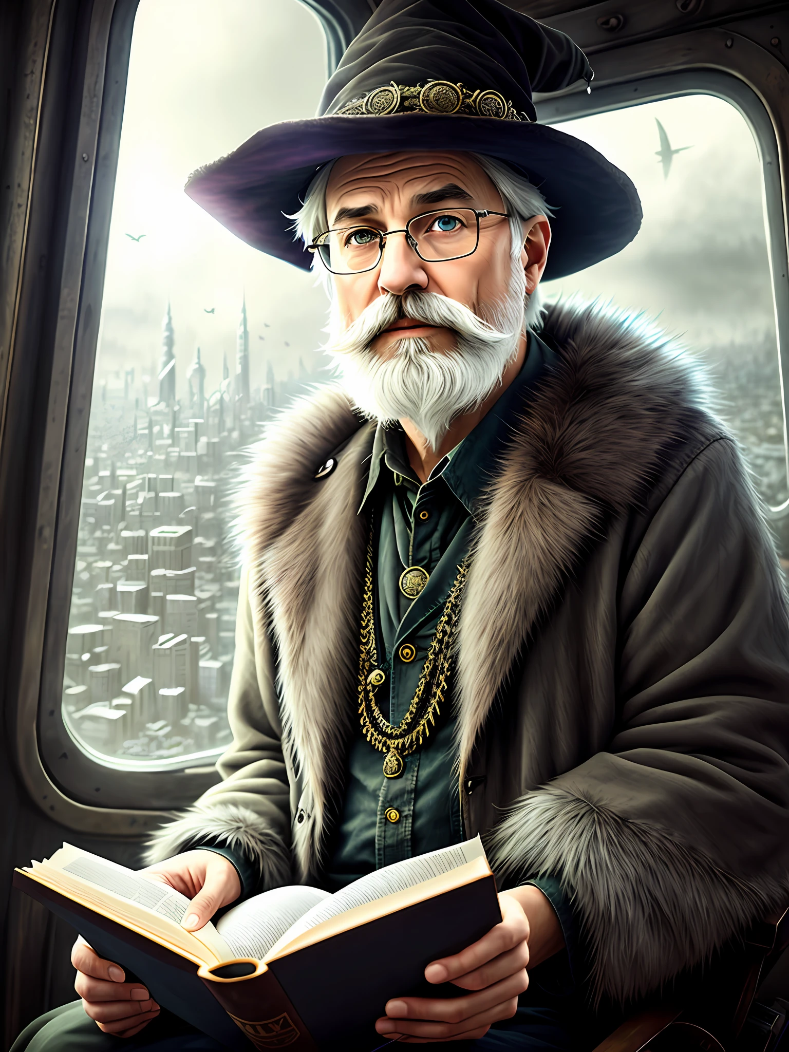 a portrait photo Old, Merlin, dirty, reading a book, sitting in a chair, masterpiece, (beautiful detailed eyes: 1.1), best quality, large mustache, illustration, (detailed lighting: 1.4), (beautiful detailed brightness: 1.3), fur coat, thick fur, witch hat, old glasses, intricate, digital painting, soft, sharp focus, end of the world, realistic epic, (hdr:1.4), (soft colors:1.4), apocalypse, abandoned, neutral colors, night, refractions of screen space, (intricate details), (intricate details, hyperdetailed: 1.2), artistic station, cinematic plane, vignette, complex background, construction
