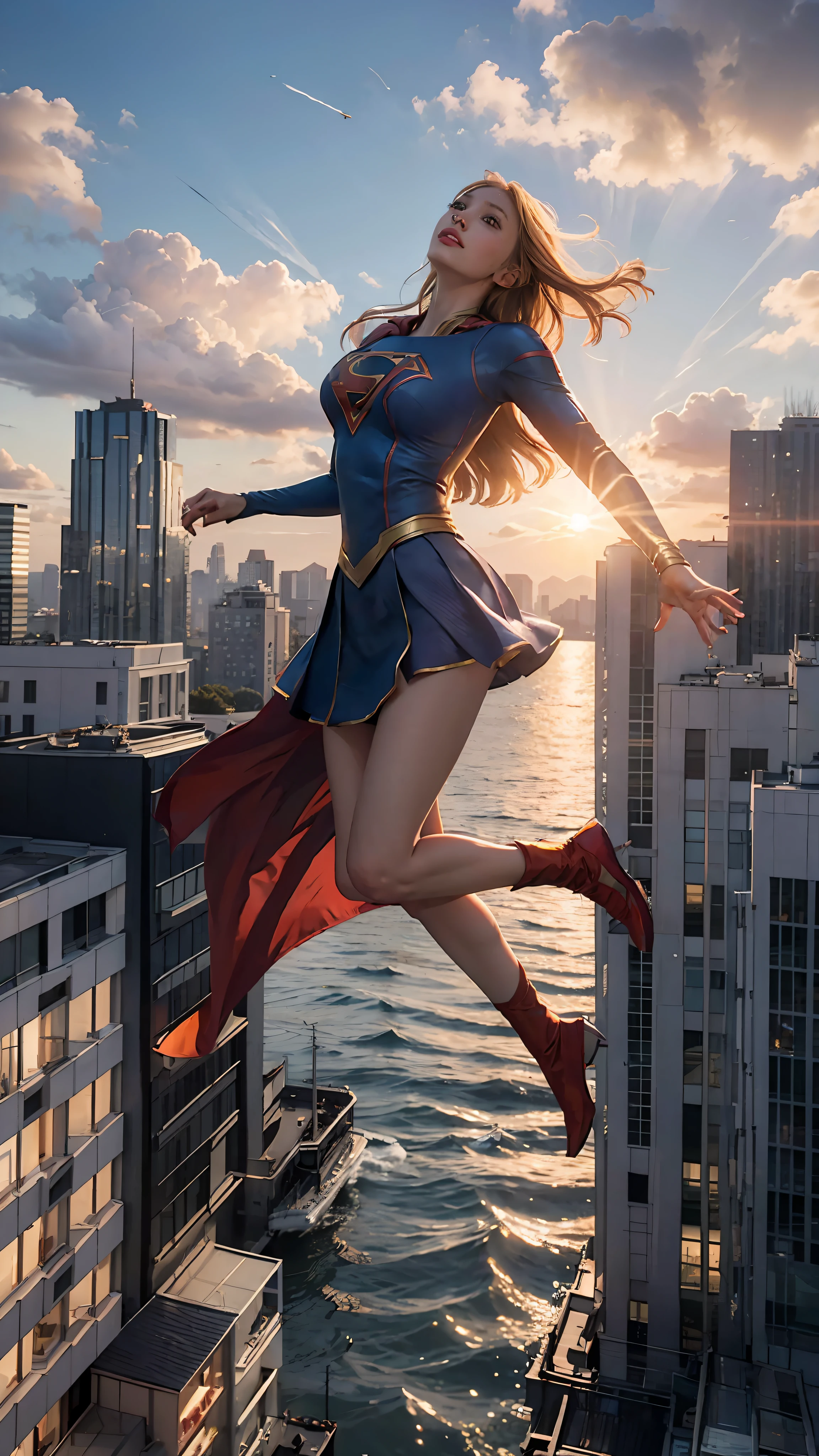 Woman alone, Supergirl costume dress, medium breasts, blonde, evening, city, lots of buildings, sunset, ((floating in the air)), full body, ((from afar)), from the side, flying in the sky