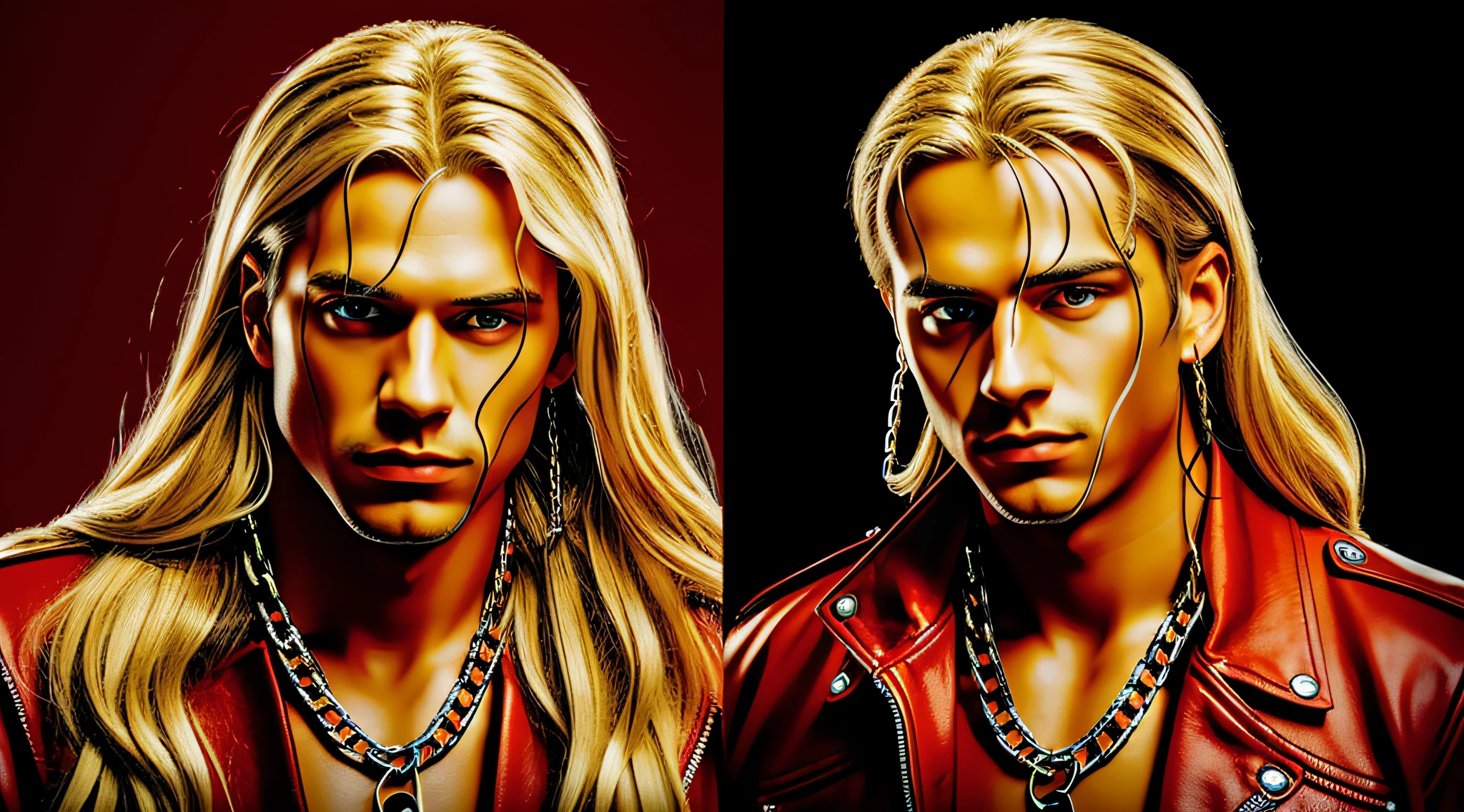 A half body, portrait of 3 German men long blonde hair of 21 years, red leather jackets, background of chains, chain, more chains, many chains, , red, red fire, many background flames, burn, hell, hell.