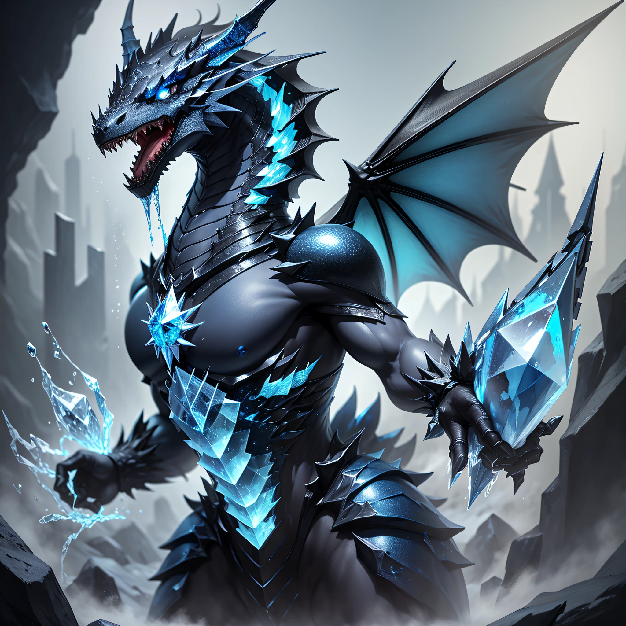 Make an all-blue crystal dragon that spits ice in a black hue --auto --s2