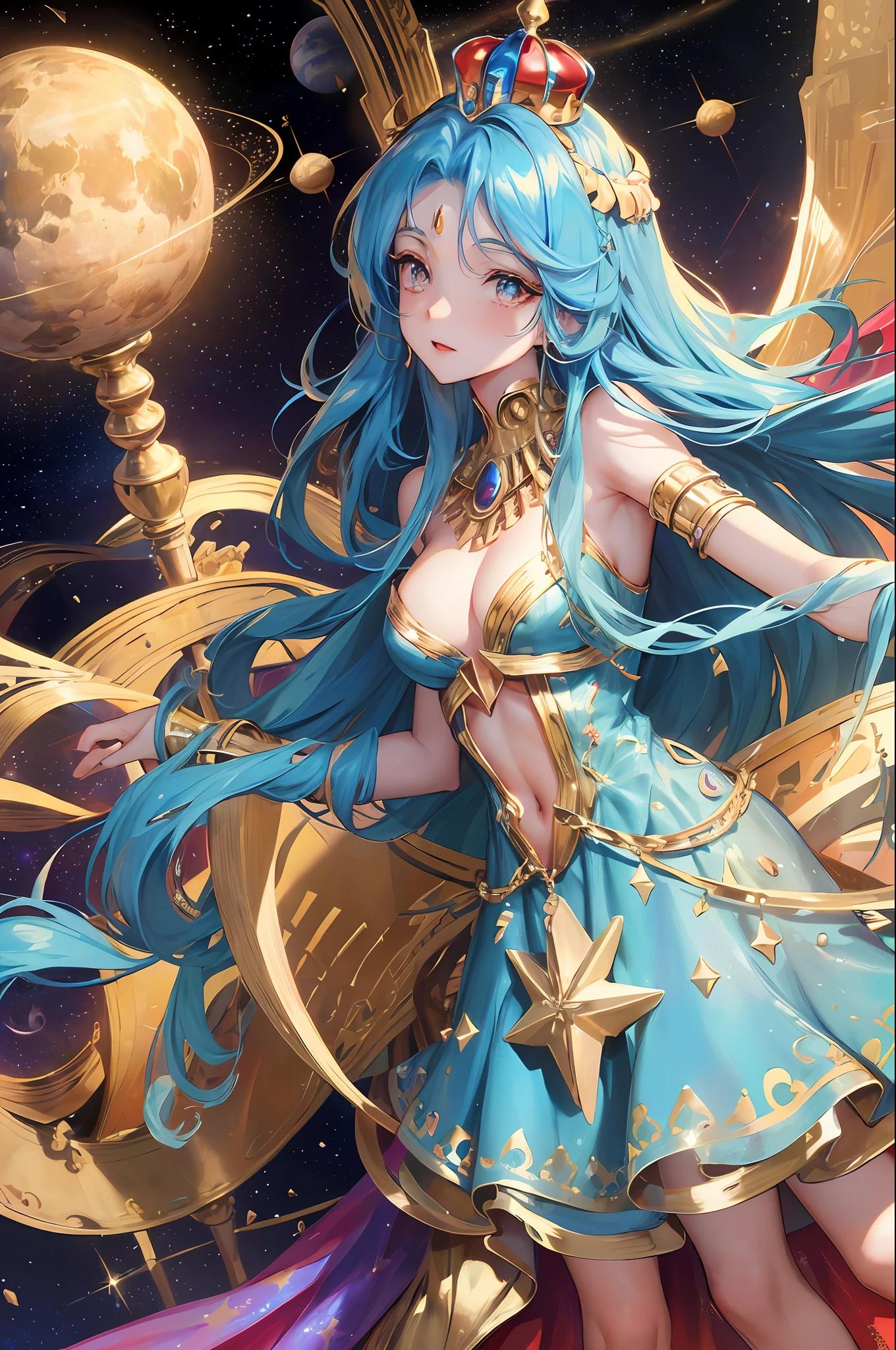 Egyptian mythology, chickpea goddess, long blue hair, shining hair, stars in hair, gold bracelets on her arms, diadem crown, ((long red dress)), tight dress, perfect figure, beautiful woman, cosmic pattern on dress, outer space, stars and planets, cosmic nebulae