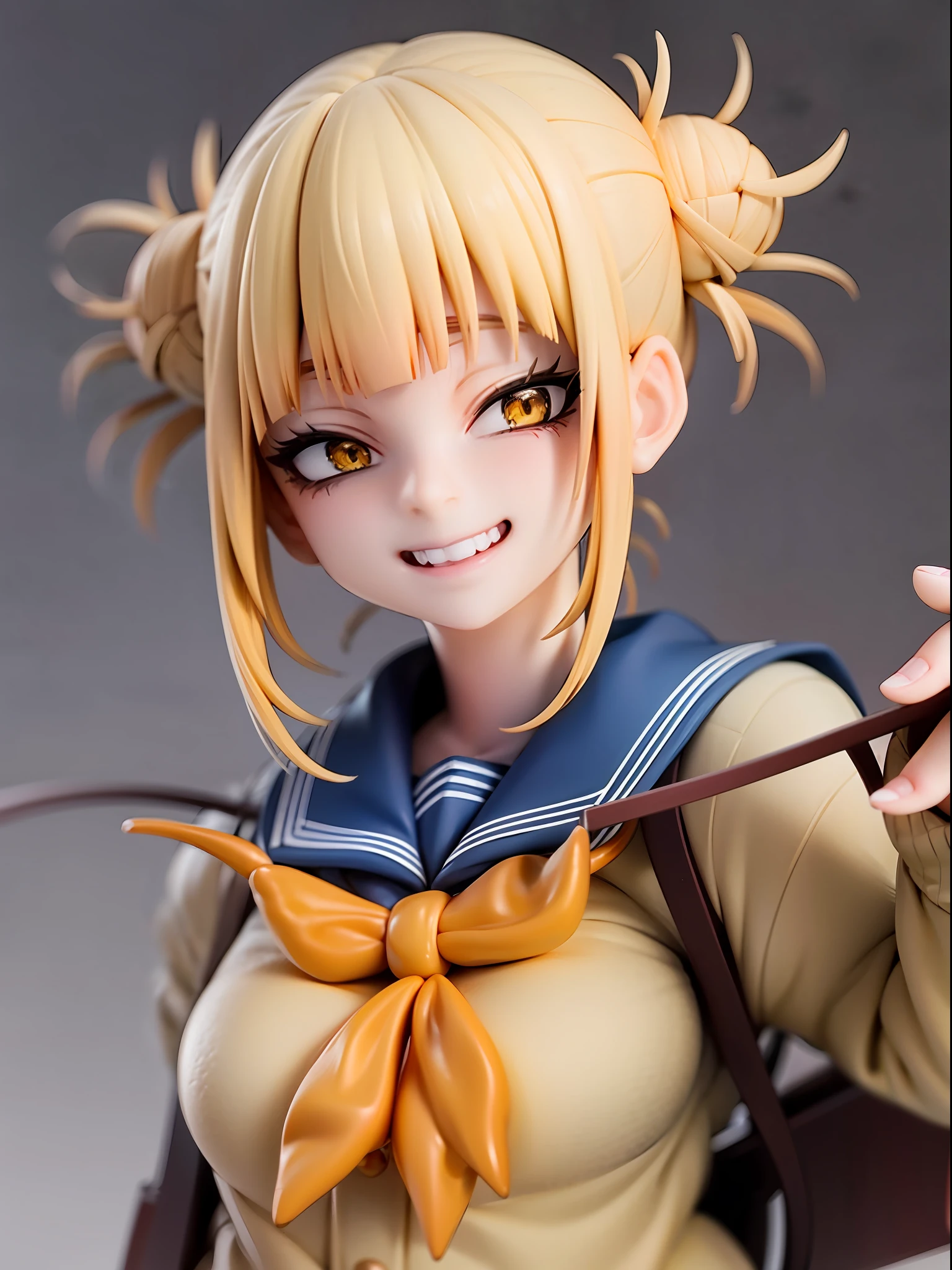 1girl,evil smile, himiko toga,blonde hair,yellow eyes,bored expressionhold a cutter, sailor uniform, facing viewer,looking at viewer,good hand,good finger,masterpiece,extremely detailed